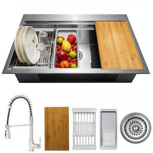 AKDY Drop-in Kitchen Sink 33" x 22" Stainless Single Bowl w/ Spring Neck Faucet