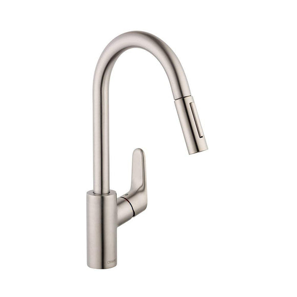 hansgrohe Focus Stainless Steel Bar Kitchen Faucet, Kitchen Faucets with Pull Down Sprayer, Faucet for Kitchen Sink, Magnetic Docking Spray Head, Stainless Steel Optic 04506801