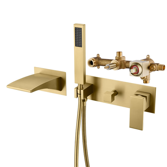 SUMERAIN Wall Mount Tub Faucet with Hand Shower, Waterfall Bathtub Faucet with Sprayer, Brushed Gold Finish, Rough-in Valve Included