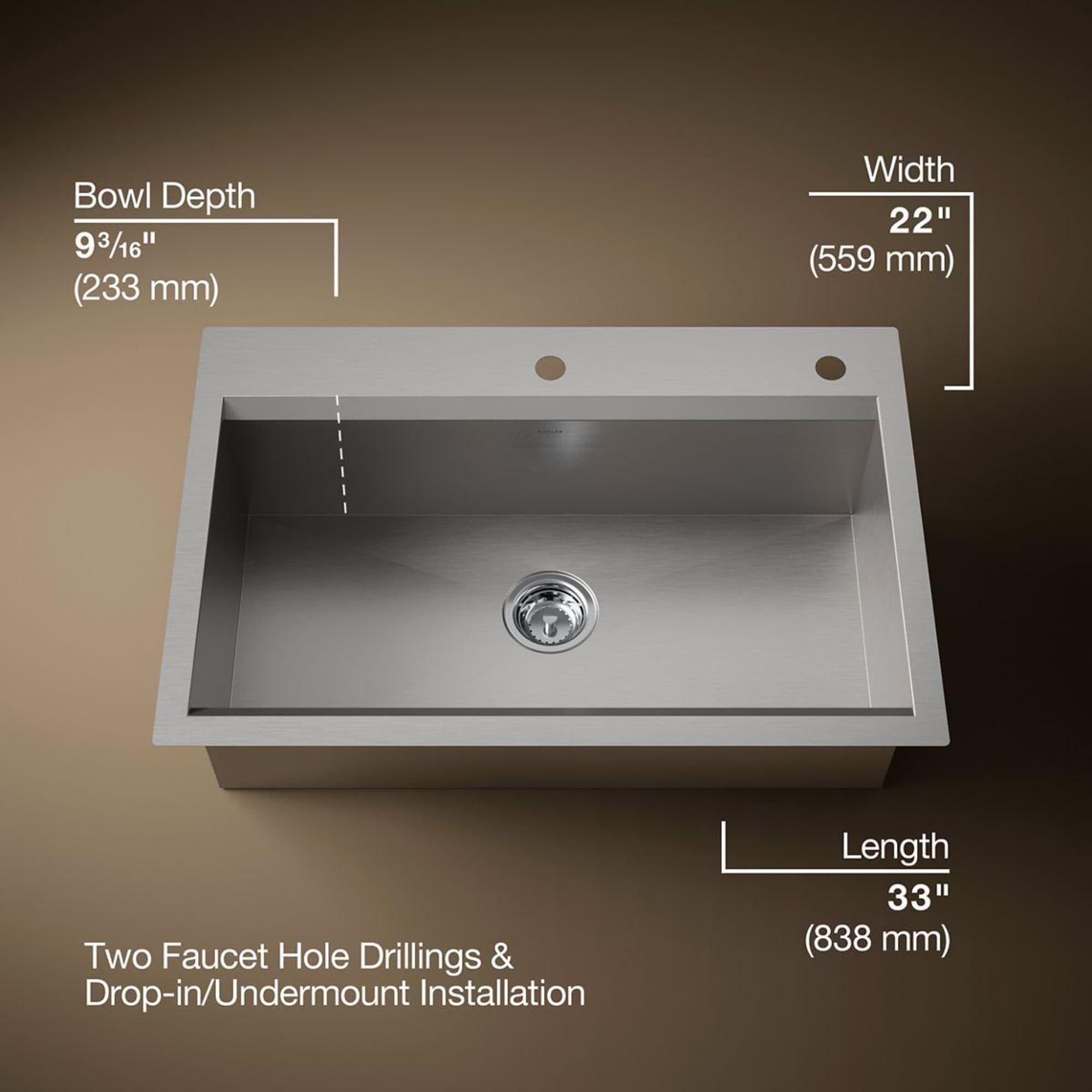 KOHLER 80084-2PC-NA Task 33" Top-/Undermount Single-Bowl Workstation Sink, Includes Kitchen Sink Accessories, Stainless Steel, 2 Faucet Holes