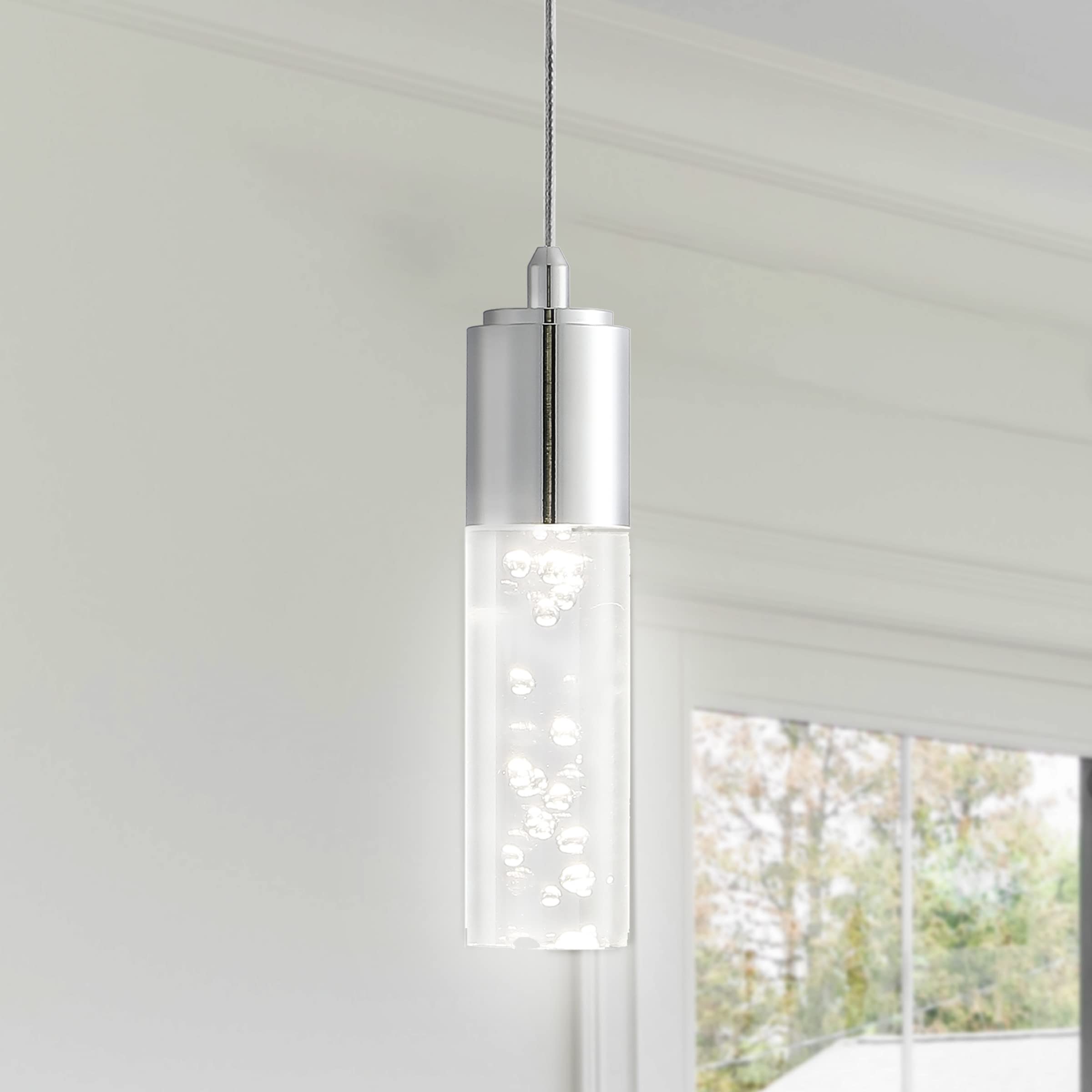 JONATHAN Y 4.75" Chrome Modern Integrated LED Pendant Light for Kitchen Island, Bubble Acrylic Cylinder Shade, Adjustable Hanging Ceiling Fixture for Dining Room, 4000K JYL7221A