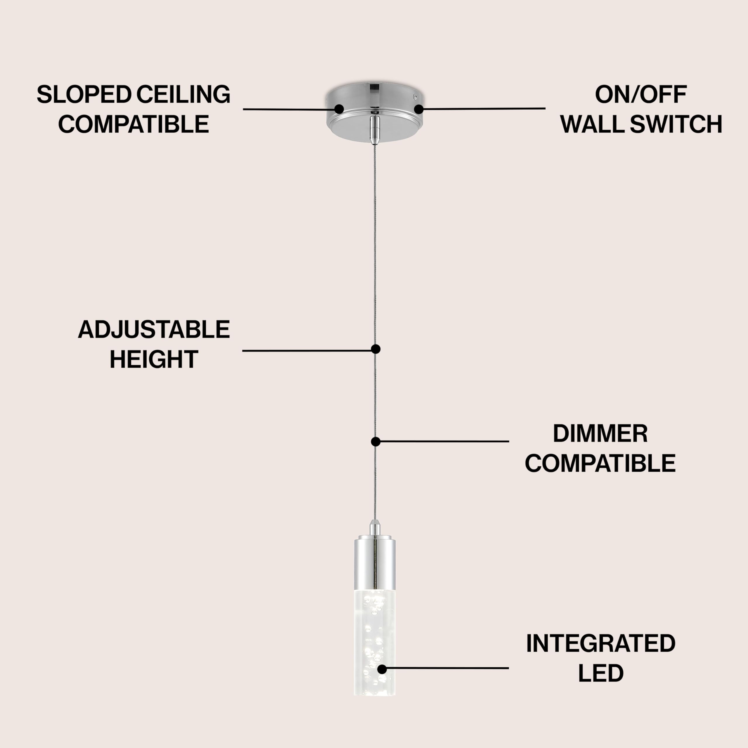JONATHAN Y 4.75" Chrome Modern Integrated LED Pendant Light for Kitchen Island, Bubble Acrylic Cylinder Shade, Adjustable Hanging Ceiling Fixture for Dining Room, 4000K JYL7221A
