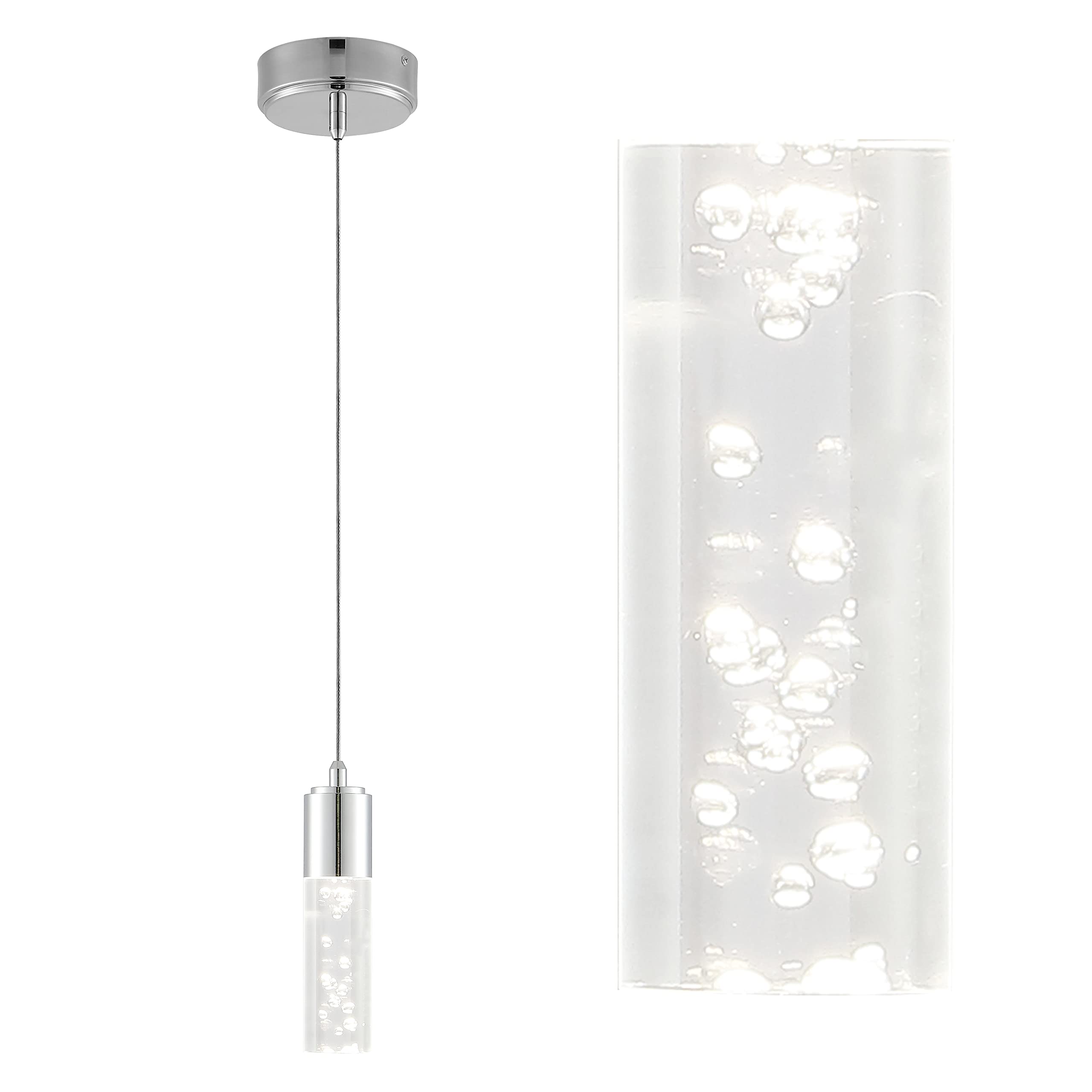 JONATHAN Y 4.75" Chrome Modern Integrated LED Pendant Light for Kitchen Island, Bubble Acrylic Cylinder Shade, Adjustable Hanging Ceiling Fixture for Dining Room, 4000K JYL7221A
