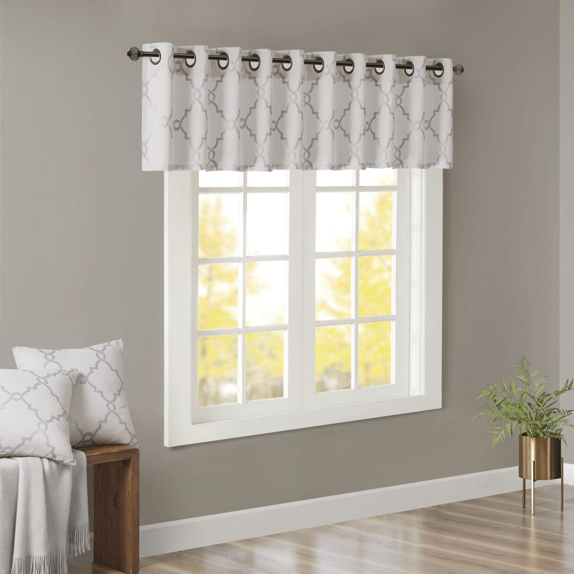 Madison Park Saratoga Light Filtering Fretwork Print Grommet Top Window Valance Swags for Living Room Bedroom and Kitchen, 50x18", Ivory/Grey