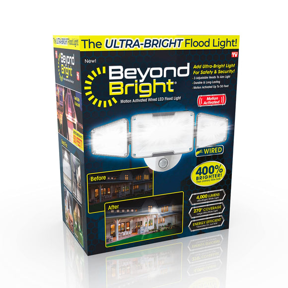 Ontel Beyond Bright Motion Activated Wired LED Flood Light - Ultra-Bright, Weather-Resistant Light with 3 Adjustable Heads - Maximum Security for Porch, Deck, Yard & More