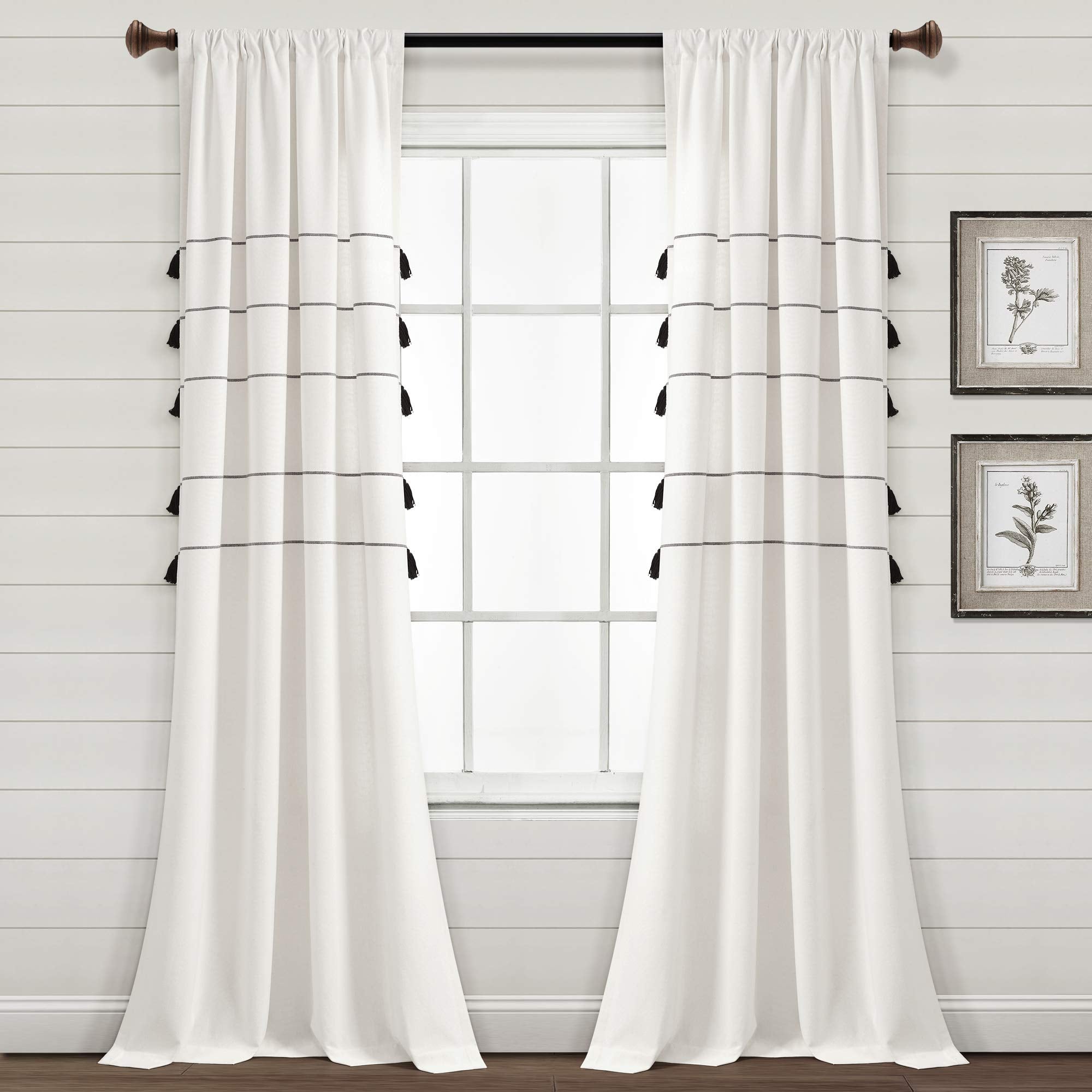 Lush Decor Farmhouse Boho Stripe Woven Tassel Yarn Dyed Cotton Blend Window Curtain Panels Pair 42" W x 95" L Ivory & Black - Striped Living Room Curtains