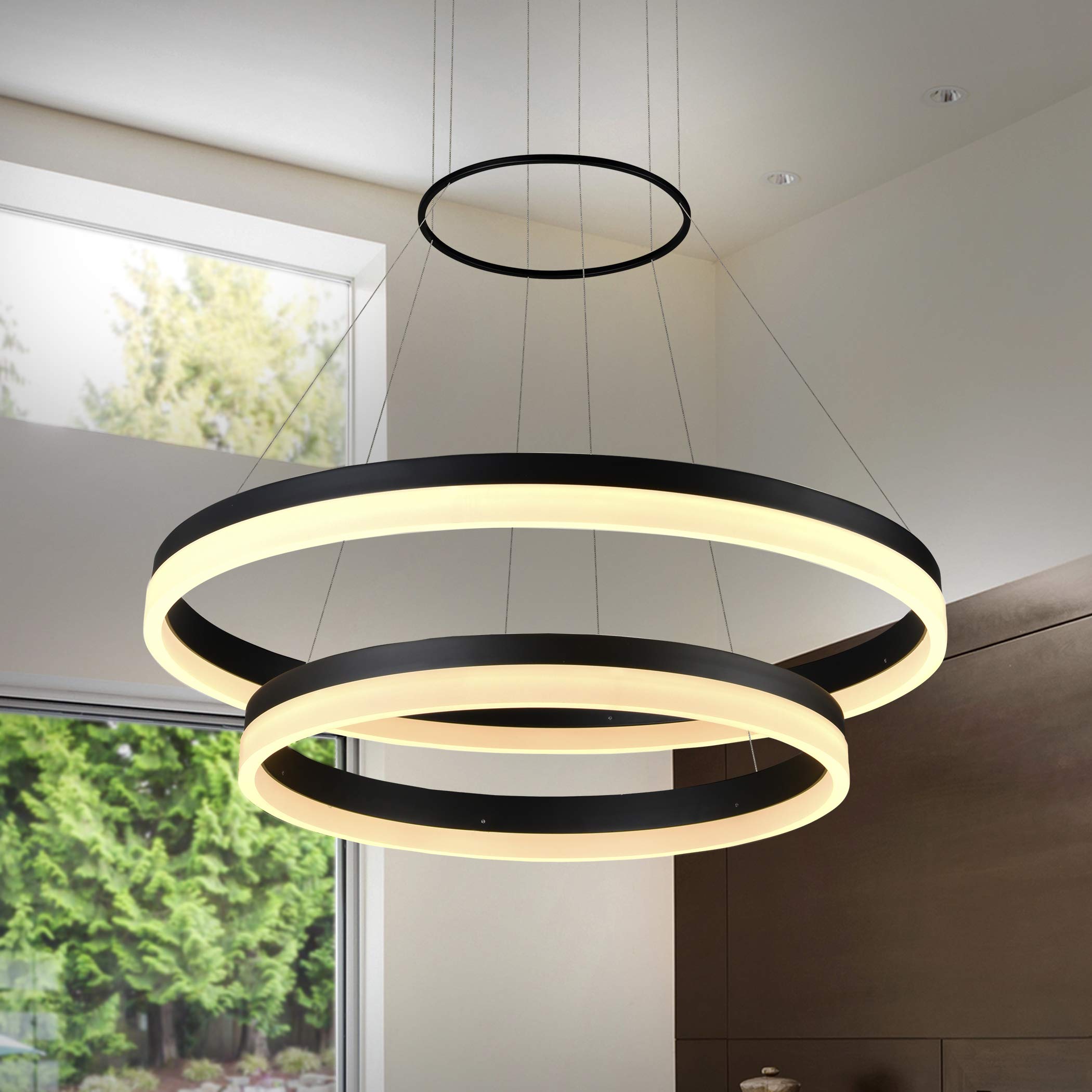 VONN VMC31730BL Tania Duo 24", Adjustable Suspension Fixture, Modern Two-Tier Circular Chandelier Lighting in Black Integrated LED, 23.75" L x 23.75" W x 120" (8.25") H - Like New