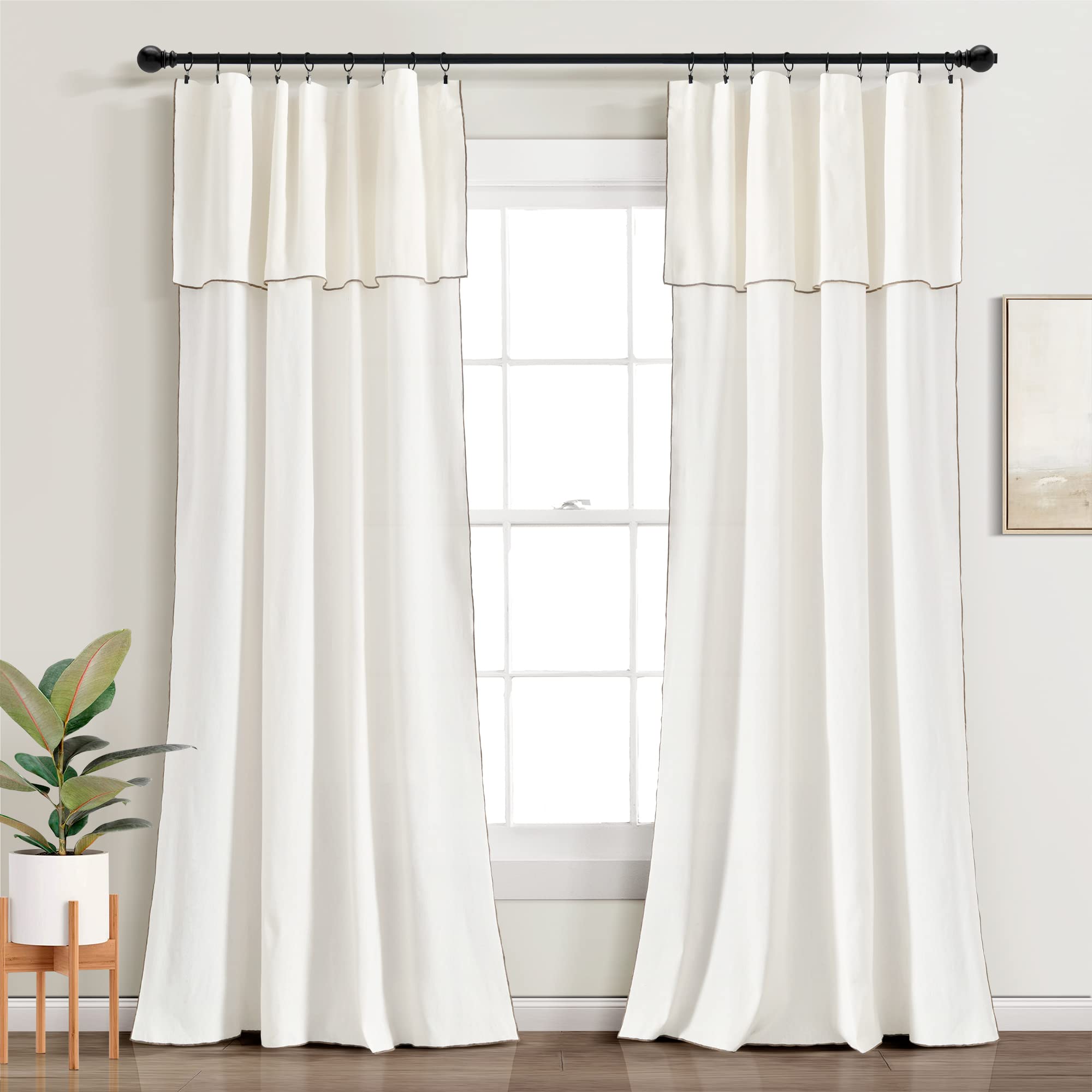 Lush Decor Modern Faux Linen Embroidered Edge with Attached Valance Window Curtain Panels Pair 52" W x 84" L Linen - Linen Curtains for Living Room