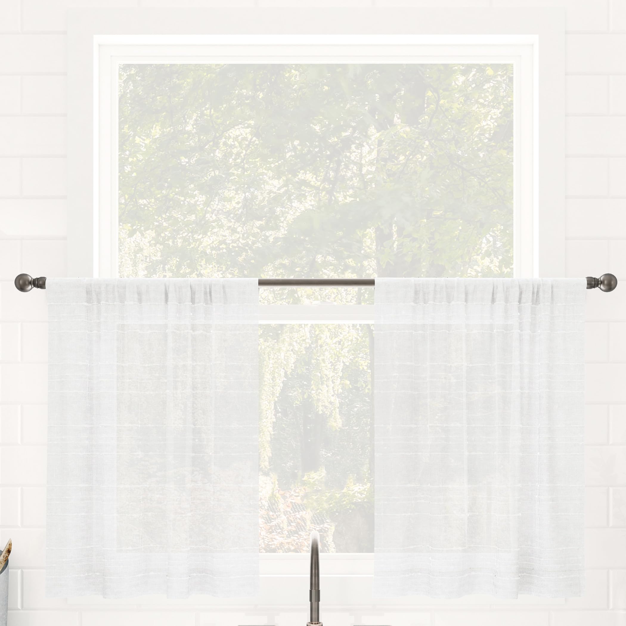 Clean Window Textured Slub Stripe 2-Pack Anti-Dust Allergy/Pet Friendly Sheer Cafe Curtain Pair, White, 52" W x 24" L (2 Panels)