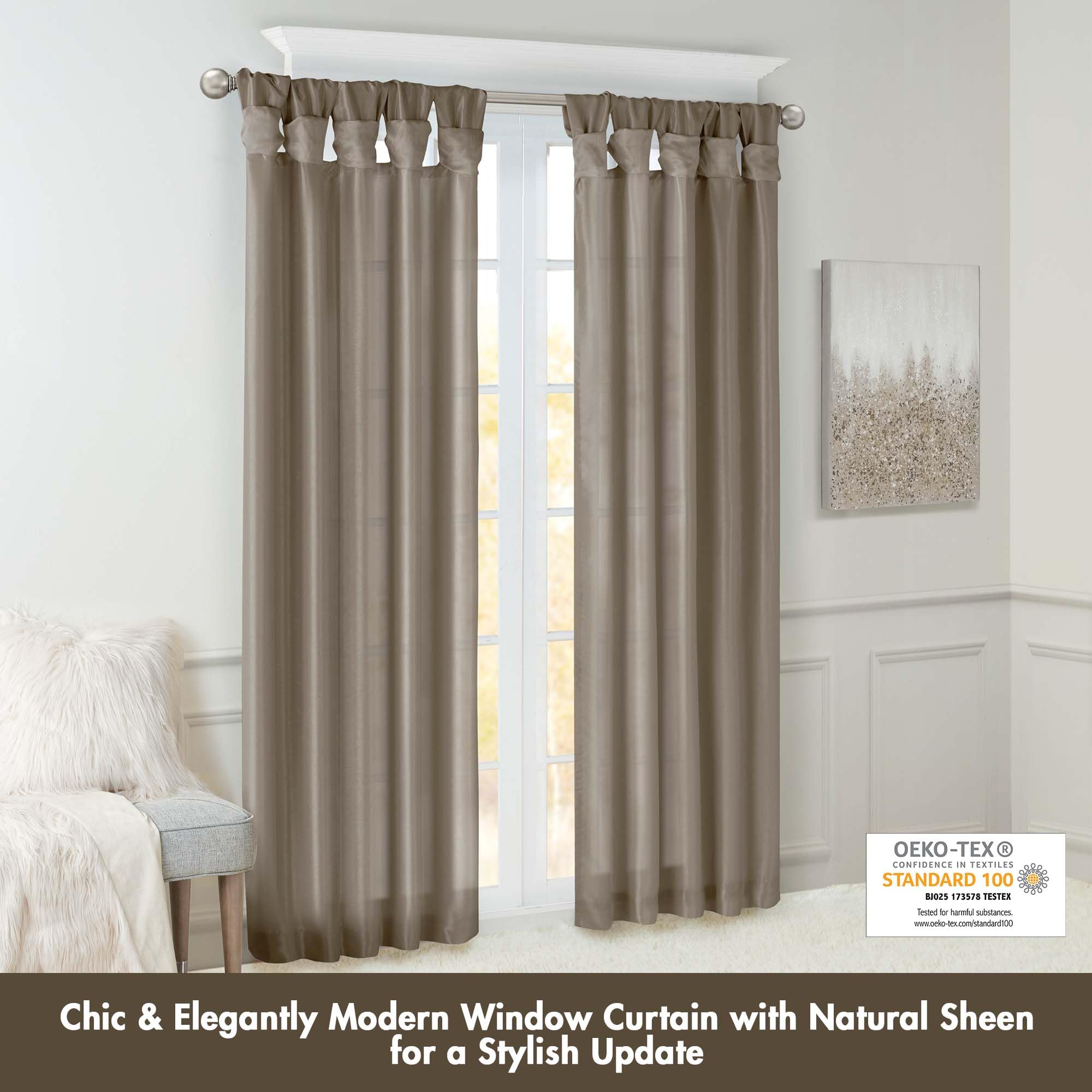 Madison Park Emilia Faux Silk Single Curtain with Privacy Lining, DIY Twist Tab Top, Room Darkening Window Drape for Living Room, Bedroom and Dorm, 95"L x 50"W, Pewter Brown