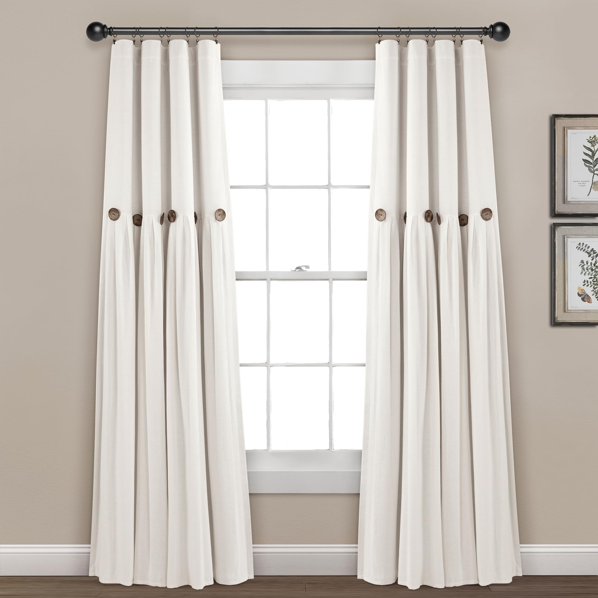 Lush Decor Linen Button Window Curtain Panel, Single, 40" W x 84" L, Off-white - Country Curtains - Rustic Decor - Color Block Modern Farmhouse Curtains For Living Room, Bedroom & Dining Room