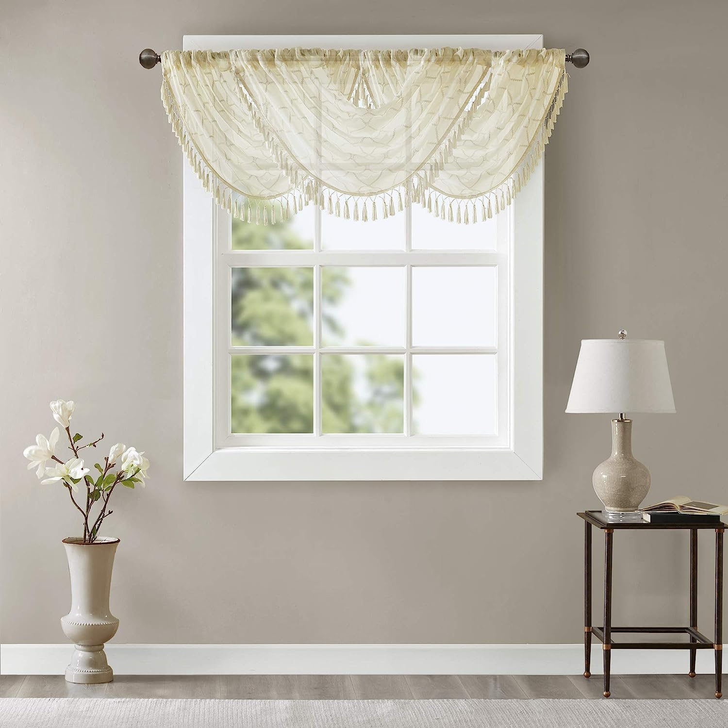 Madison Park Irina Sheer Embroidered Curtains Valance For-Kitchen, Transitional Fabric Curtain-Valance For Living Room, 1-Panel Pack, 38 x 46", Ivory