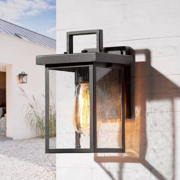Black Outdoor Wall Lights, Farmhouse Waterproof Square Exterior Lantern Wall Sconces with Seeded Glass Shade, Modern Anti-Rust Porch Light Fixtures for Patio, Yard, Garage, Front Door