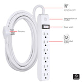 GE 6-Outlet Power Strip, 12 Ft Extension Cord, Flat Plug, Grounded, Integrated Circuit Breaker, 3-Prong, Wall Mount, UL Listed, White, 45195