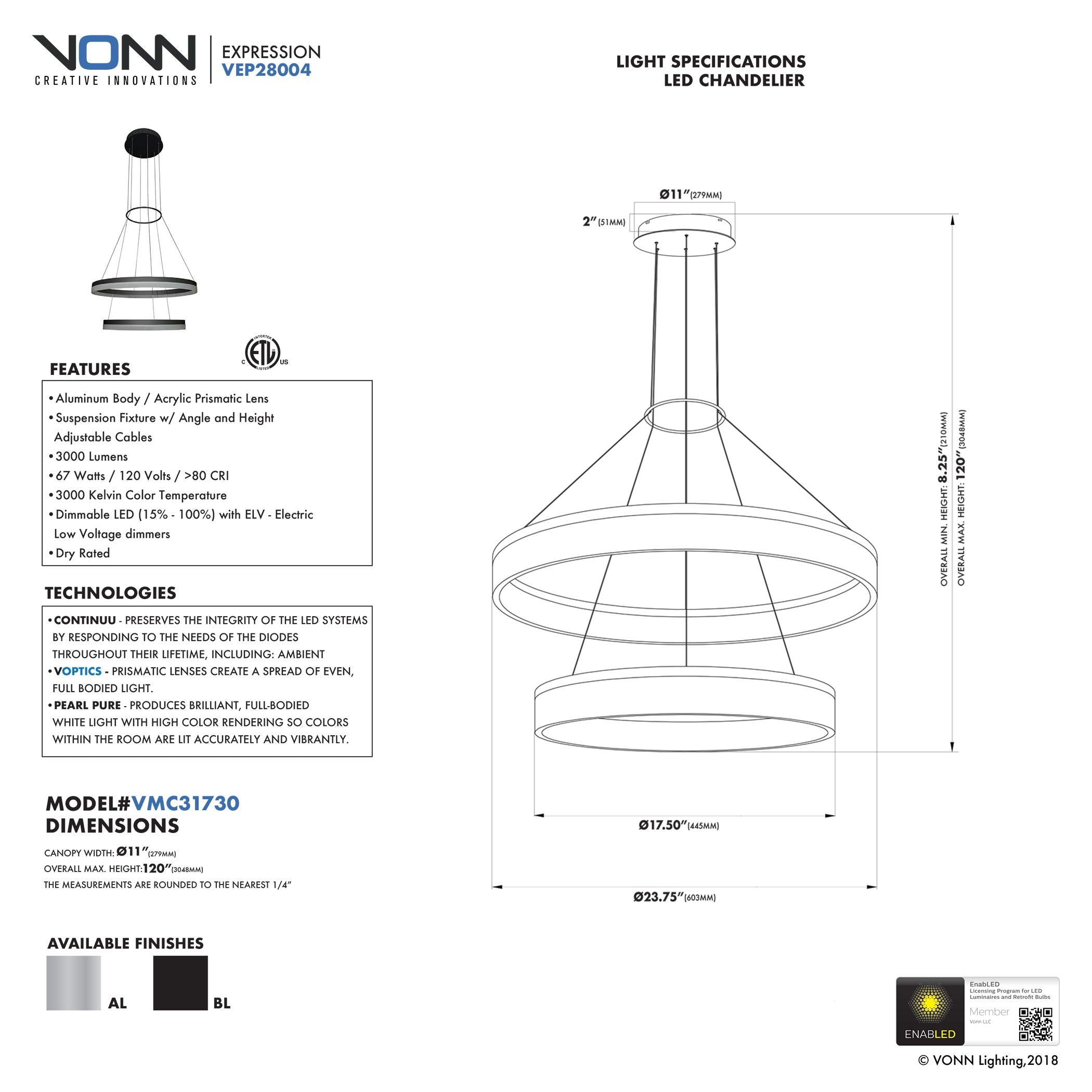 VONN VMC31730BL Tania Duo 24", Adjustable Suspension Fixture, Modern Two-Tier Circular Chandelier Lighting in Black Integrated LED, 23.75" L x 23.75" W x 120" (8.25") H - Like New