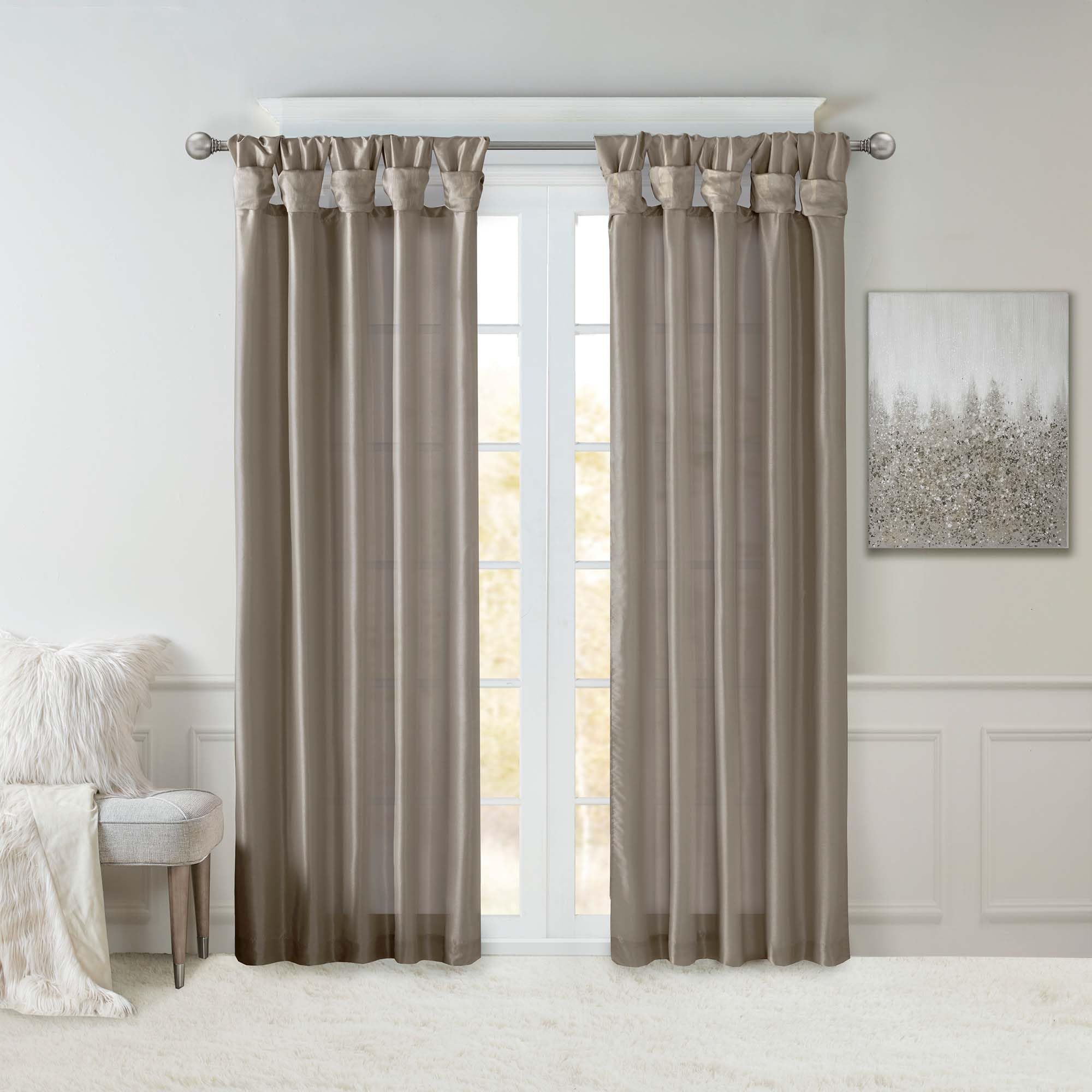 Madison Park Emilia Faux Silk Single Curtain with Privacy Lining, DIY Twist Tab Top, Room Darkening Window Drape for Living Room, Bedroom and Dorm, 95"L x 50"W, Pewter Brown