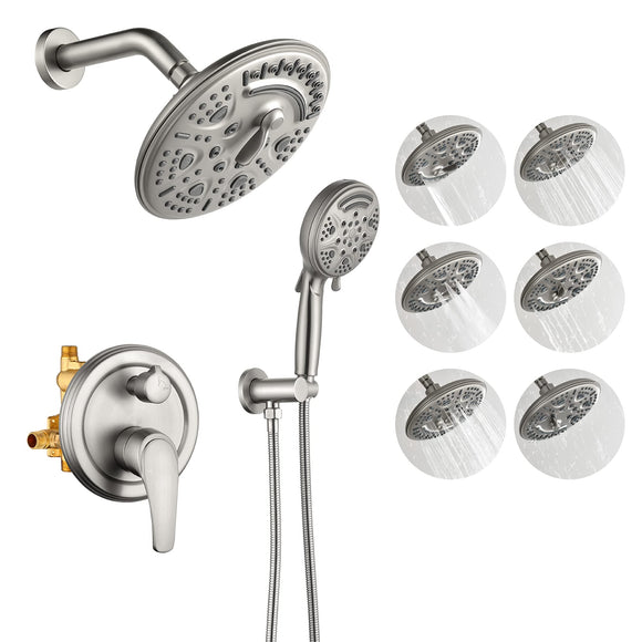 SHAMANDA 15-Function Shower System with Valve and Trim, Bathroom Luxury Shower Faucets Sets Complete with 9 Setting Handheld showerhead & 6 Setting Rain Shower, Wall mounted, Brushed Nickel, L8082-2
