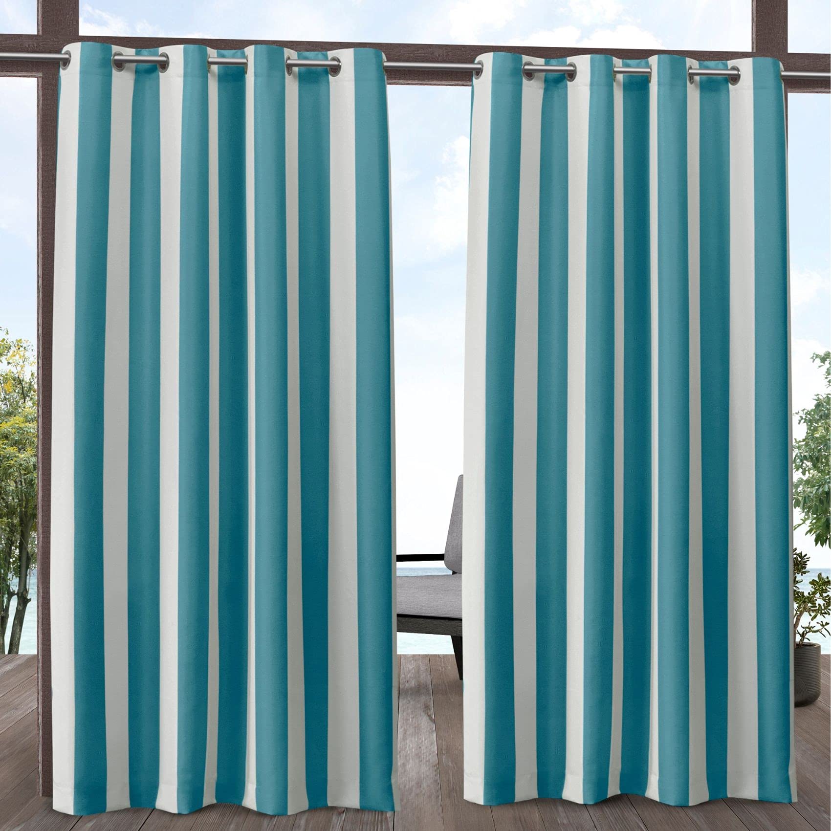 Exclusive Home Canopy Stripe Indoor/Outdoor Grommet Top Curtain Panel, 54"x108", Teal / White, Set of 2
