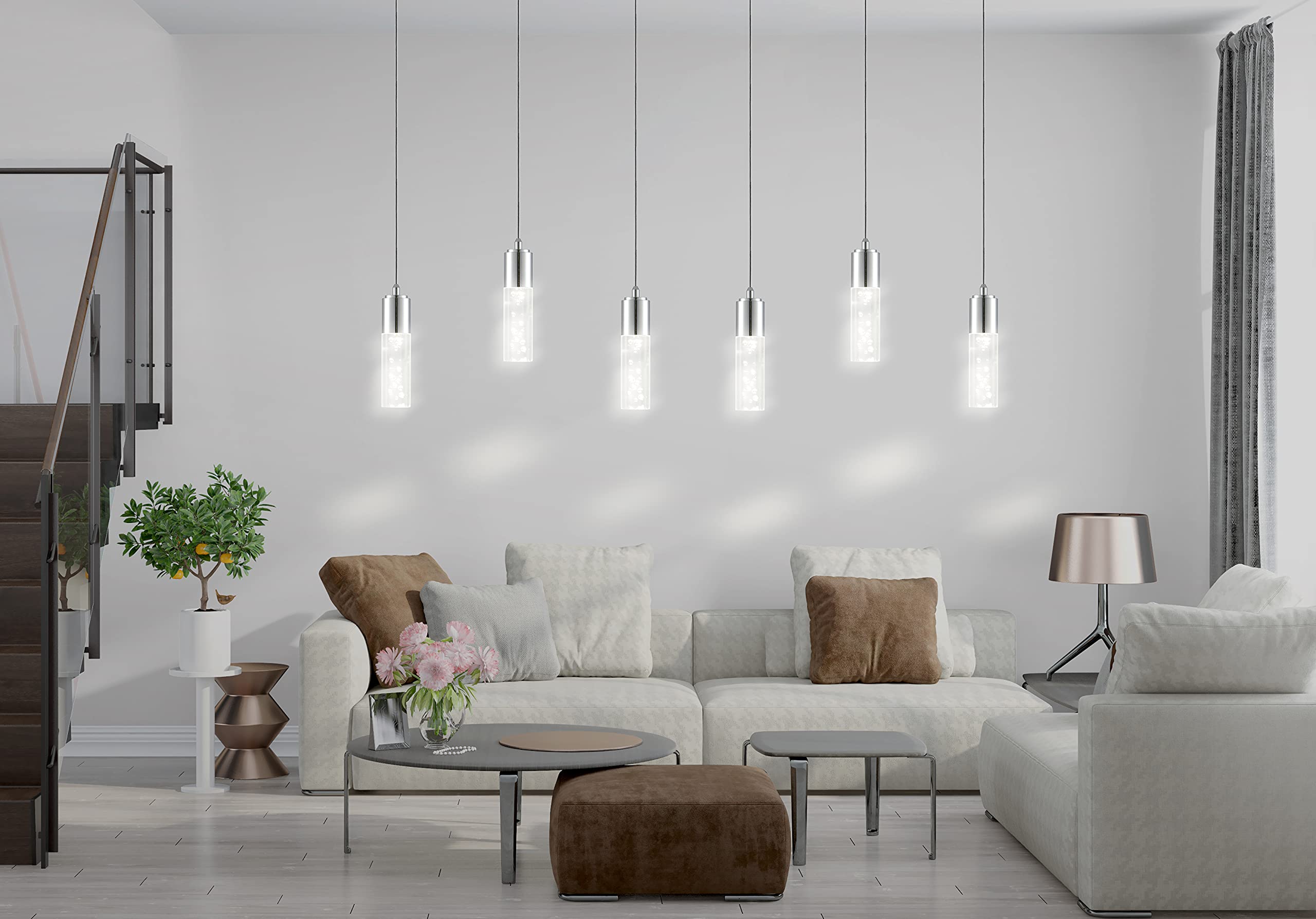 JONATHAN Y 4.75" Chrome Modern Integrated LED Pendant Light for Kitchen Island, Bubble Acrylic Cylinder Shade, Adjustable Hanging Ceiling Fixture for Dining Room, 4000K JYL7221A