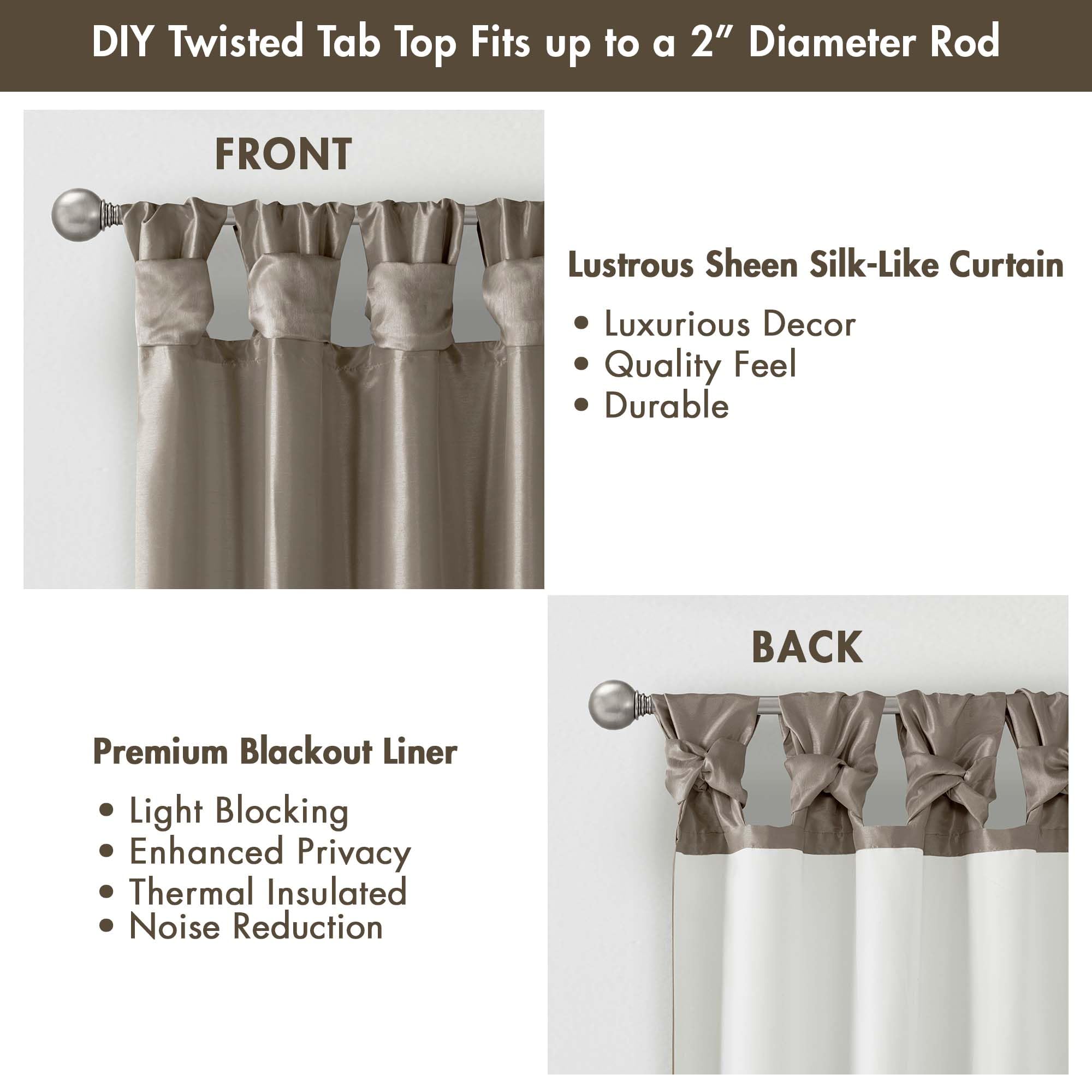 Madison Park Emilia Faux Silk Single Curtain with Privacy Lining, DIY Twist Tab Top, Room Darkening Window Drape for Living Room, Bedroom and Dorm, 95"L x 50"W, Pewter Brown