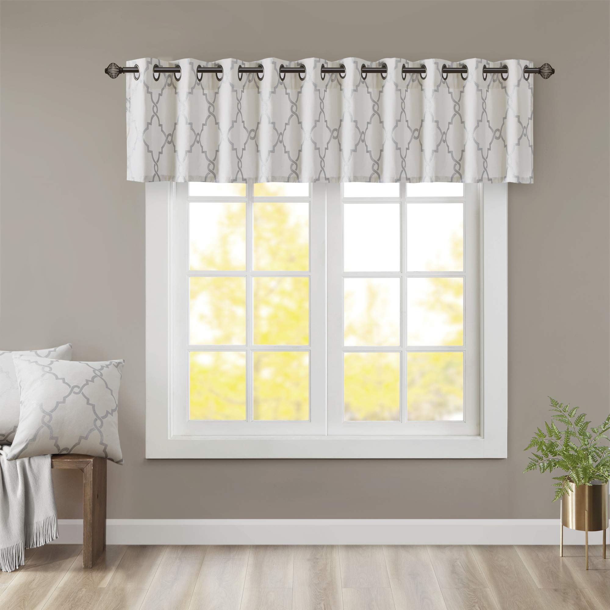 Madison Park Saratoga Light Filtering Fretwork Print Grommet Top Window Valance Swags for Living Room Bedroom and Kitchen, 50x18", Ivory/Grey