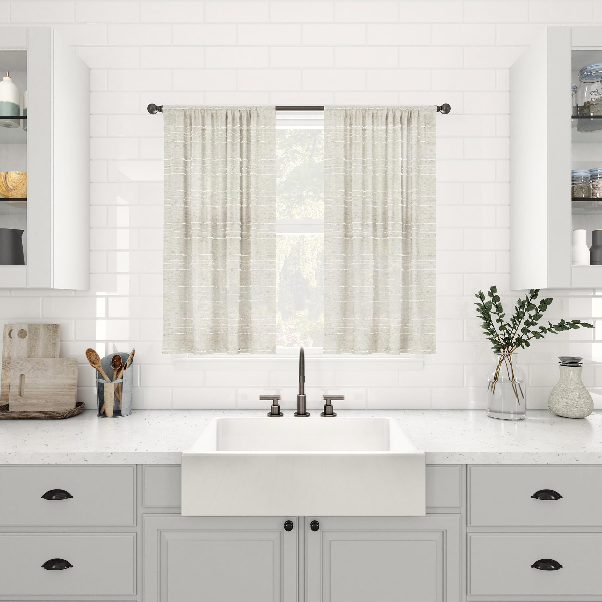 Clean Window Textured Slub Stripe 2-Pack Anti-Dust Allergy/Pet Friendly Sheer Cafe Curtain Pair, Linen, 52" W x 24" L (2 Panels)
