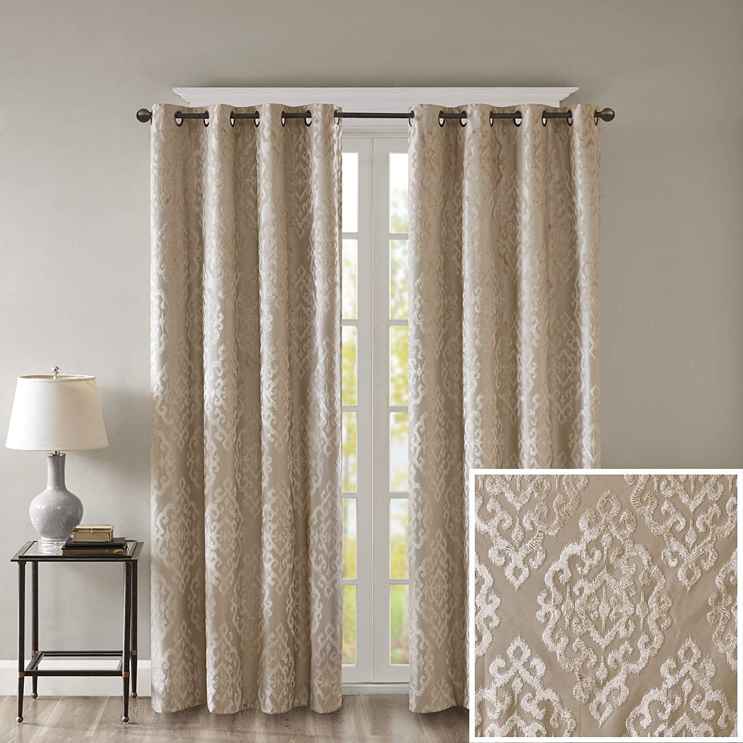 Sun Smart Amelia Jacquard Paisley Total Blackout Curtain for Bedroom, Luxury Single Window Panel Living Room Family-Room Kitchen, Grommet Top, 1-Panel Pack, 50"x95", Champagne