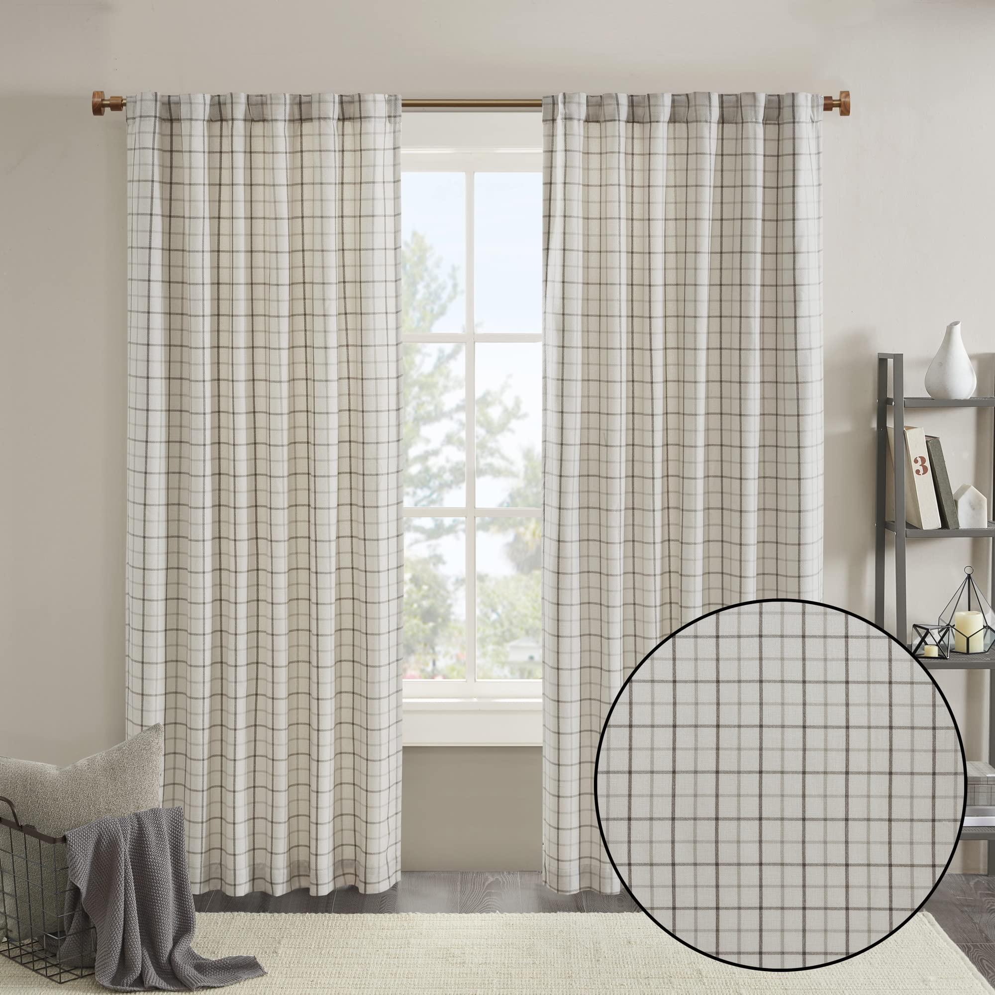 Madison Park Anaheim Cabin Plaid Curtain Window, Thermal Insulated Fleece Lining, Living Room Decor Light Blocking Drape for Bedroom, 1-Single Panel Pack, 50" x 95", Rod Pocket, Natural