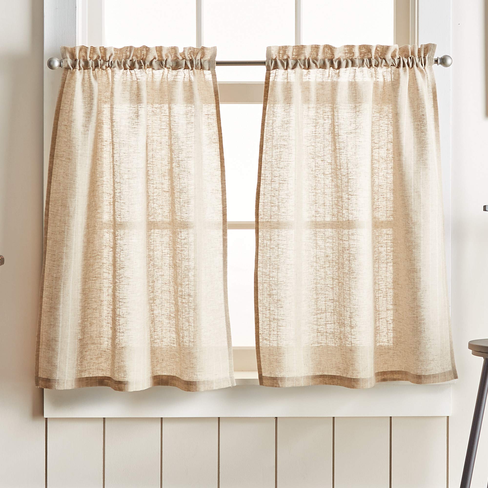 Martha Stewart Linen Stripe 3-Piece Window Curtain Valance and Tiers Set, Linen