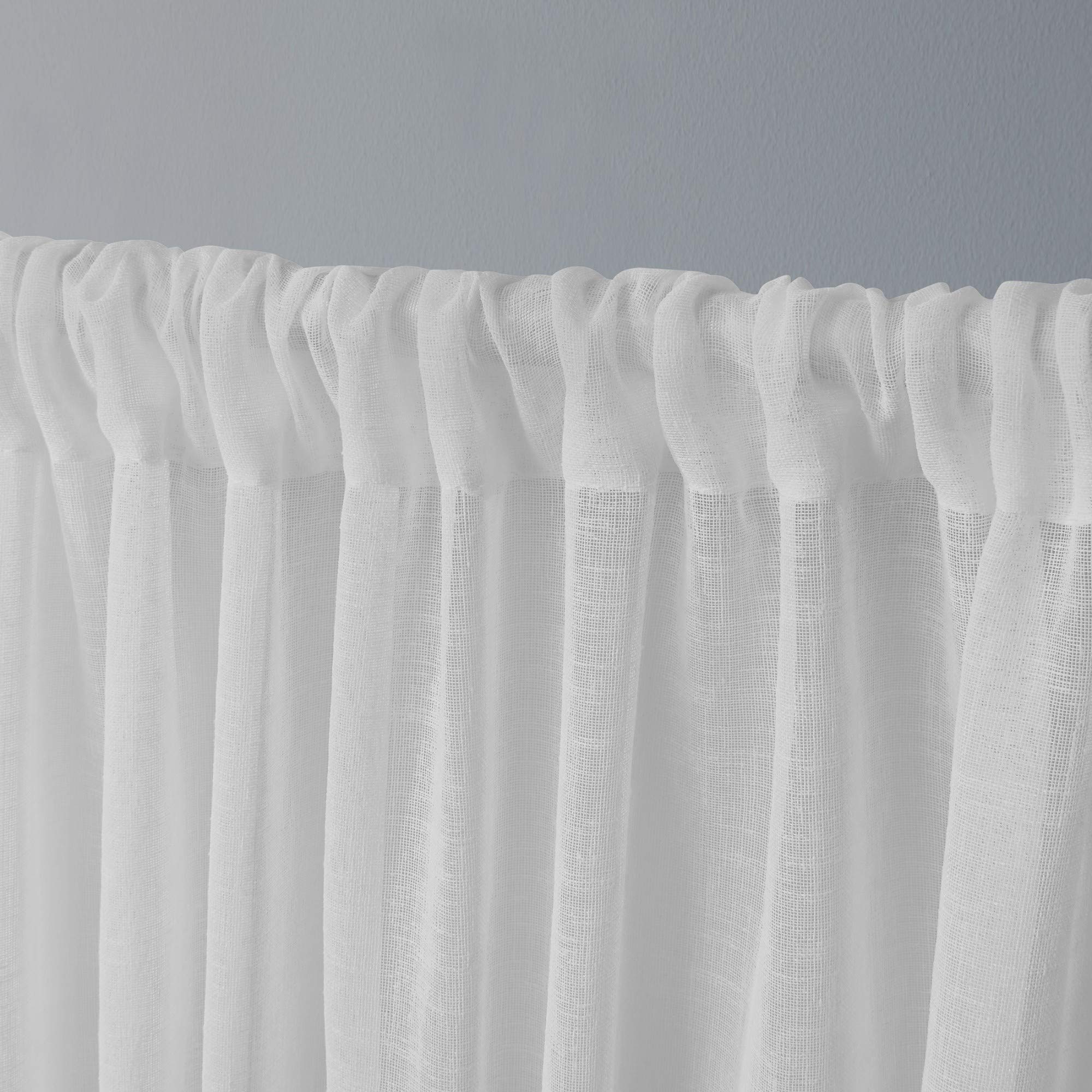 EXCLUSIVE HOME Belgian Textured Linen Look Jacquard Sheer Rod Pocket Curtain Panel Pair, 50"x63", Winter White