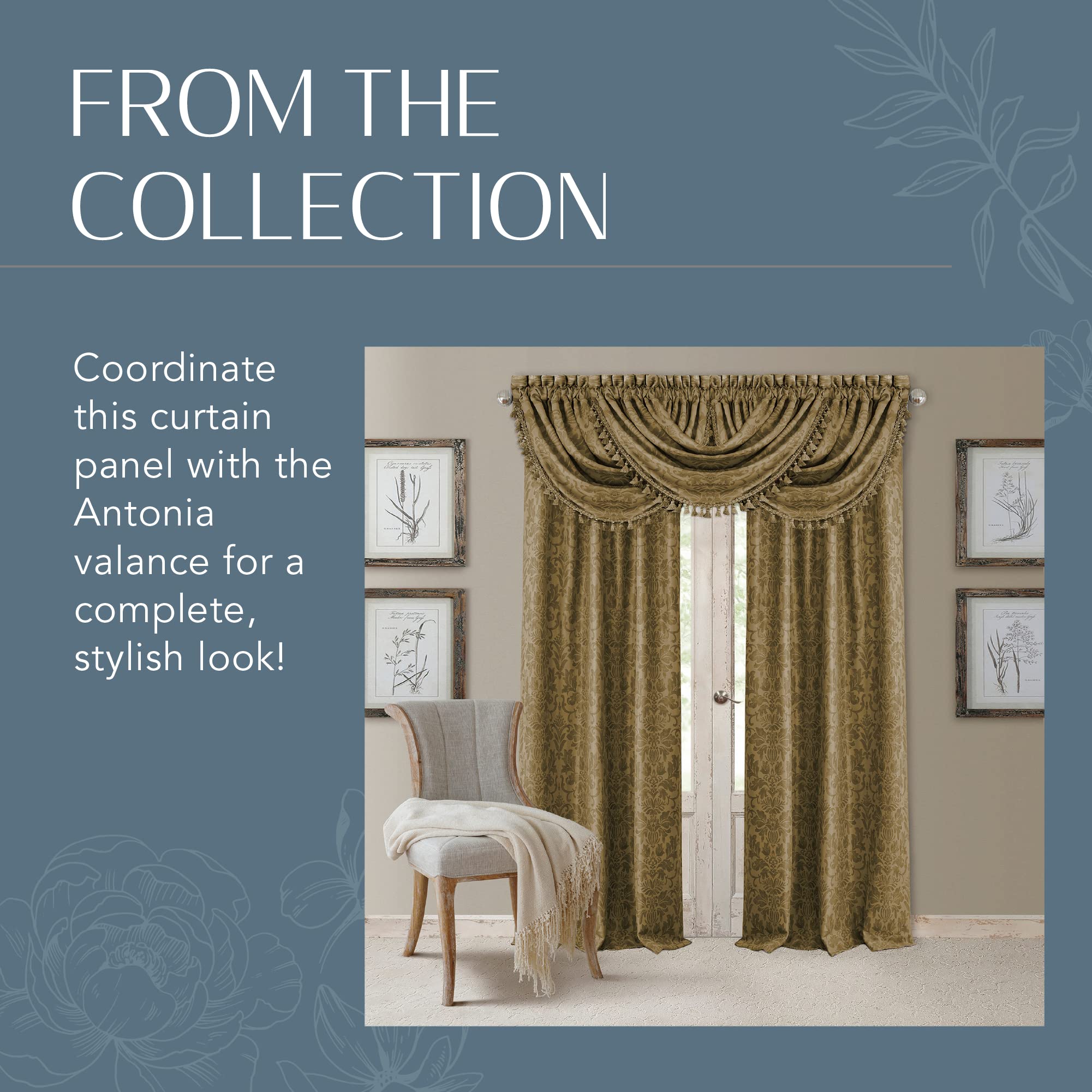 Elrene Home Fashions Antonia Floral Damask Blackout Single Window Curtain Panel, 52"x95", Antique Gold