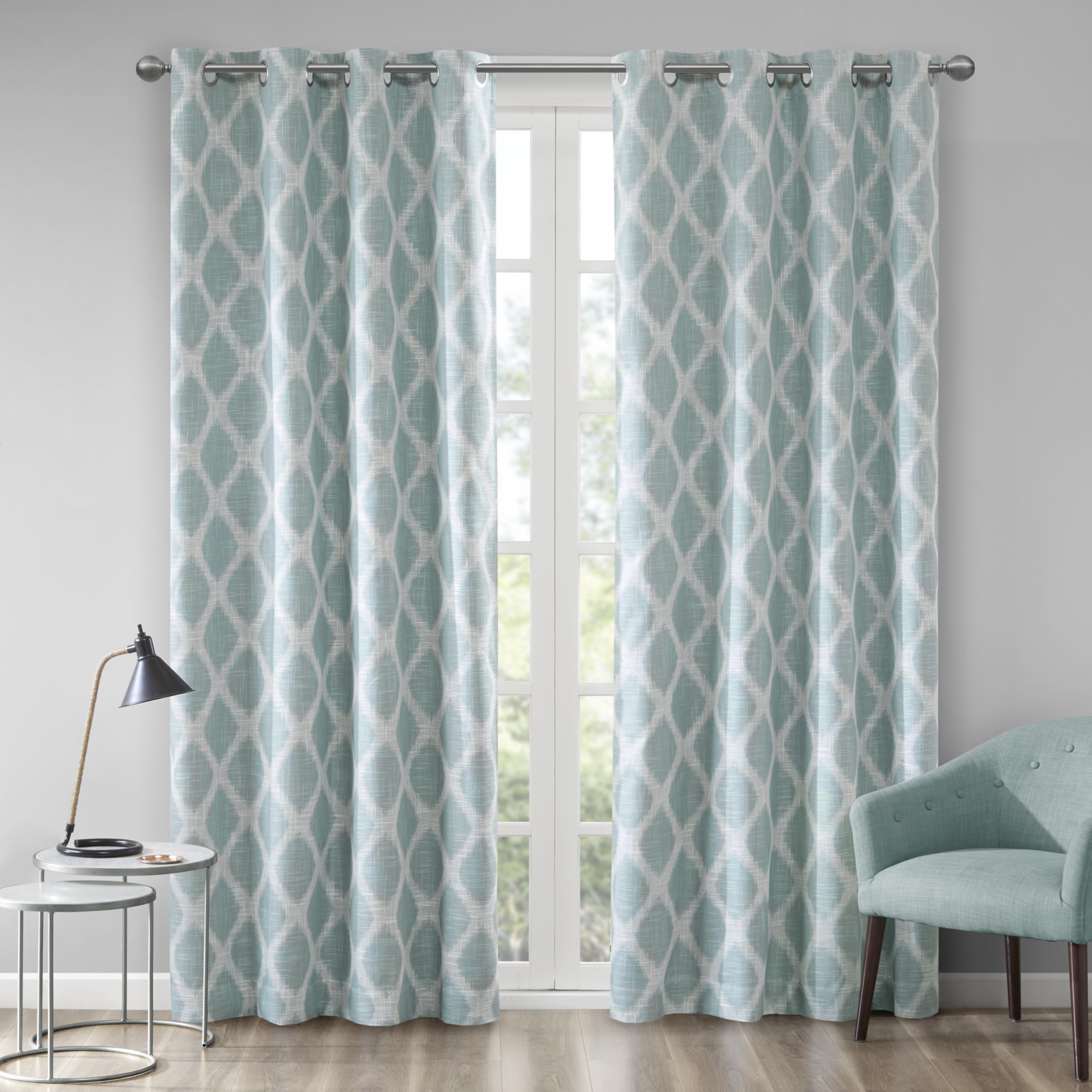 Sun Smart Blakesly Blackout Curtains Patio Window, Ikat Print, Grommet Top Living Room Decor, Living Room Decor, Thermal Insulated Light Blocking Drape for Bedroom and Apartments, 50" x 84", Aqua