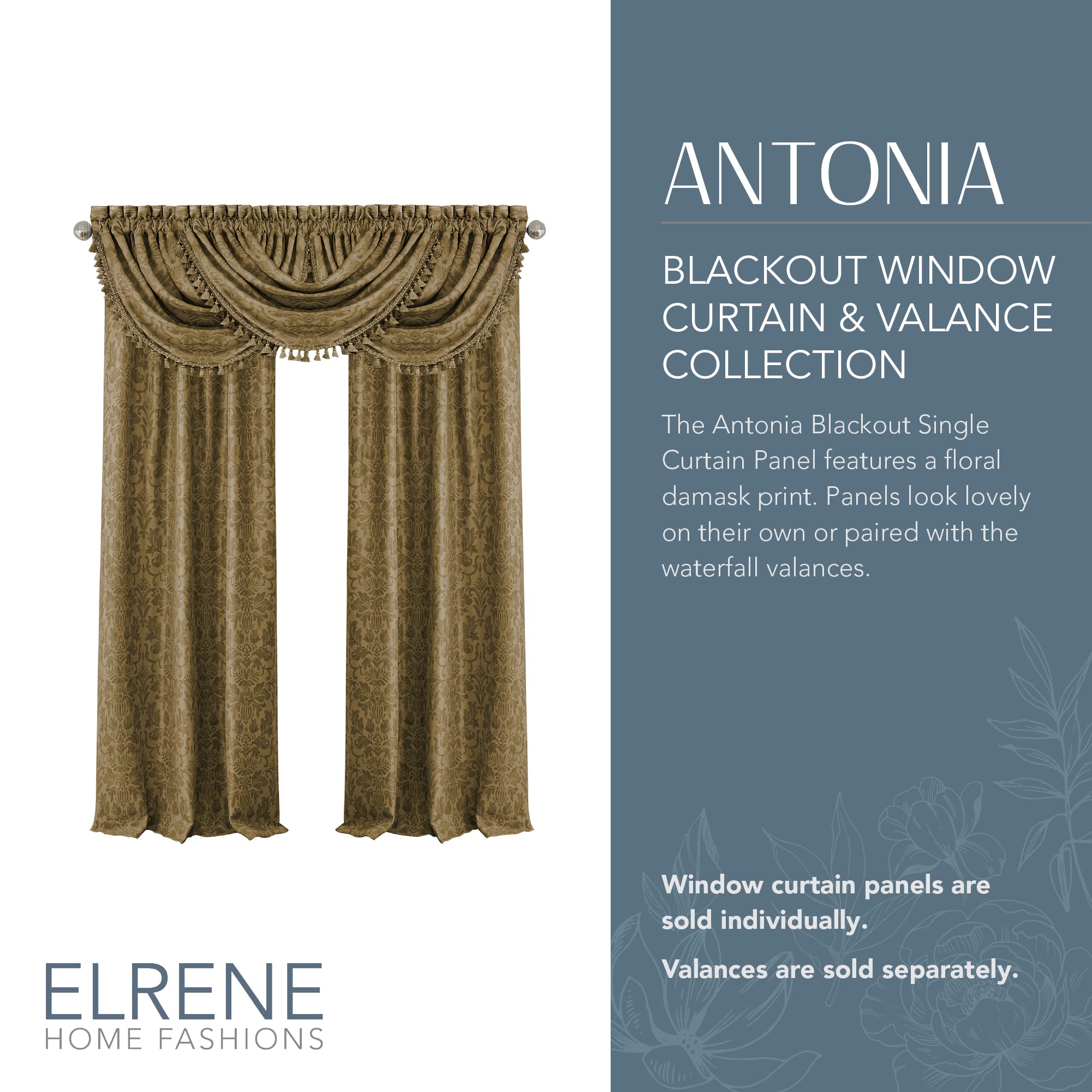 Elrene Home Fashions Antonia Floral Damask Blackout Single Window Curtain Panel, 52"x95", Antique Gold