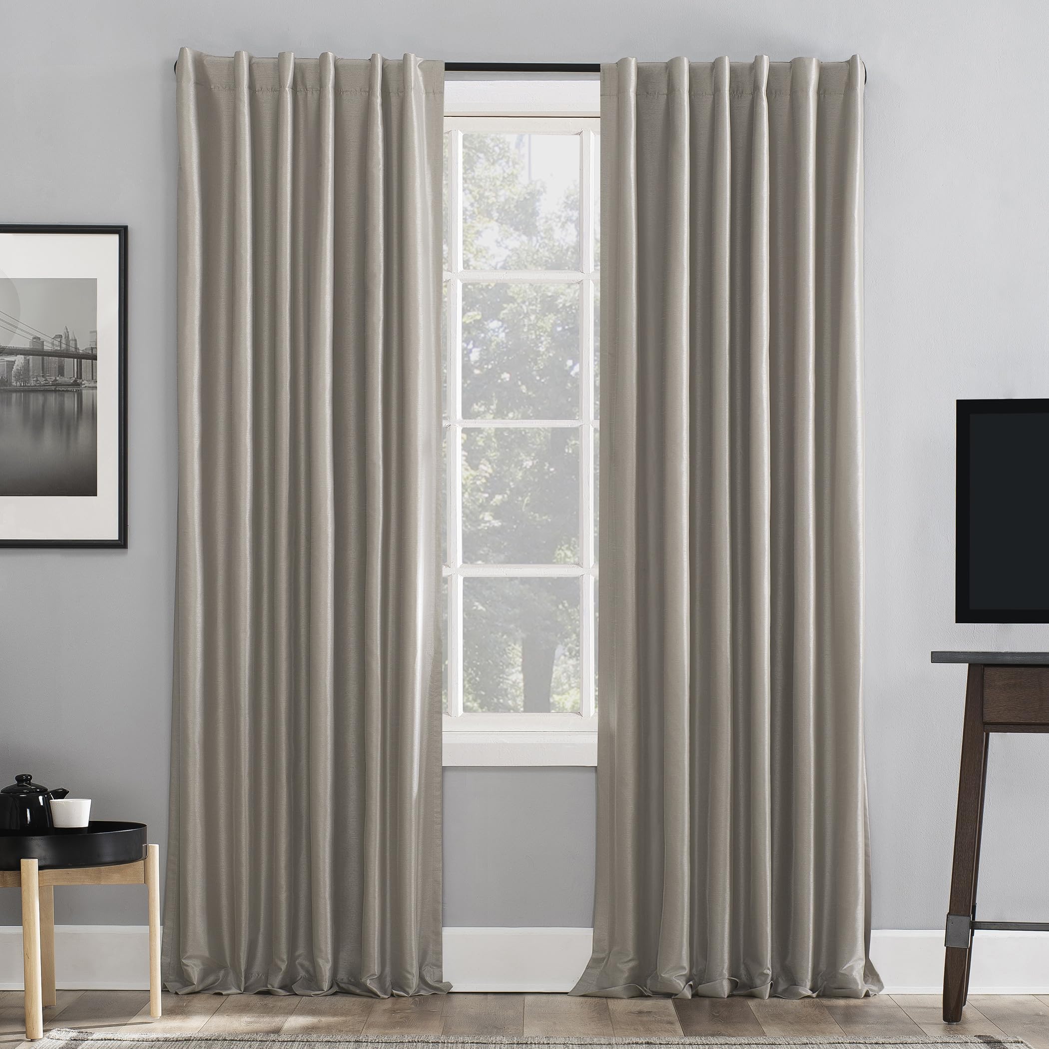 Sun Zero Greyson Faux Dupioni Silk Thermal Extreme Total Blackout Back Tab Curtain Panel, 50" x 63", Stone Beige