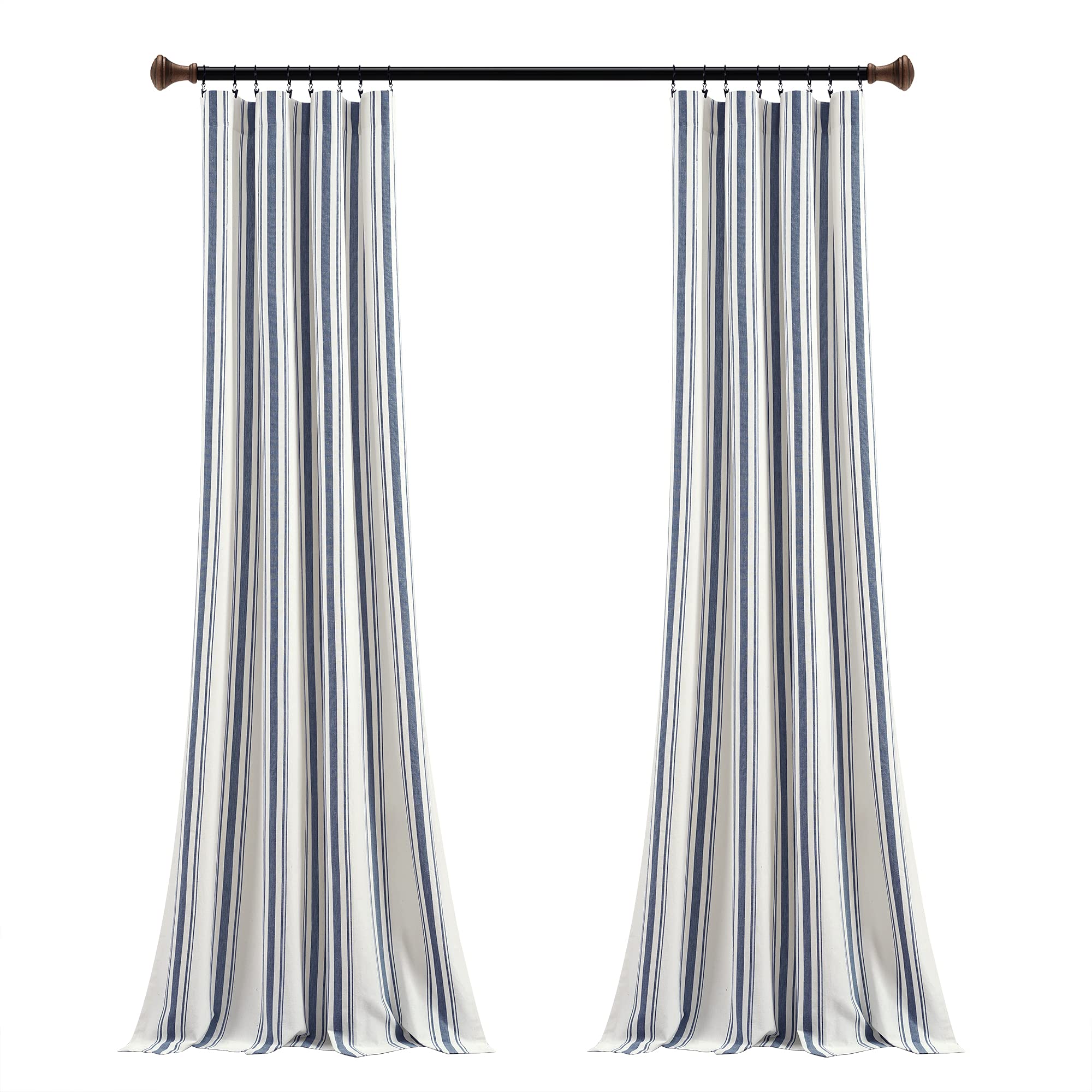 Lush Decor Farmhouse Stripe Yarn Dyed Eco-Friendly Recycled Cotton Window Curtain Panel Pair, 42" W x 95" L, Navy - Classic Modern Rustic Charm - Eco Friendly Cotton Fabric