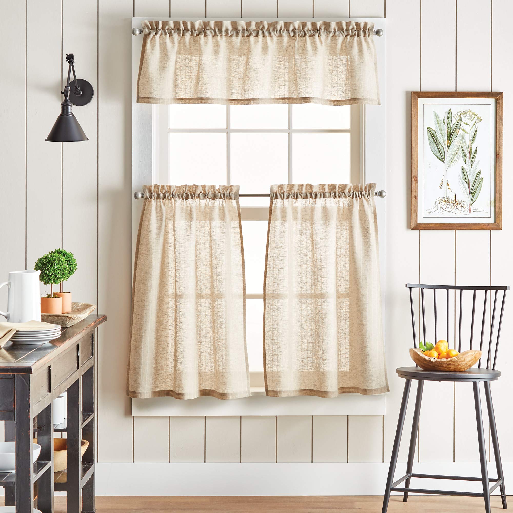 Martha Stewart Linen Stripe 3-Piece Window Curtain Valance and Tiers Set, Linen