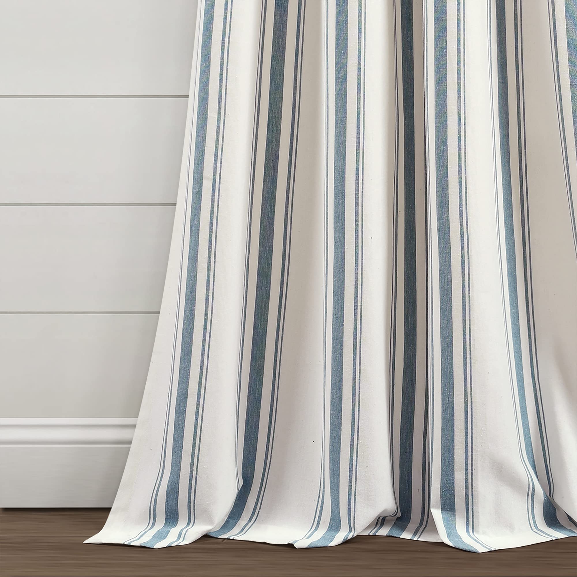 Lush Decor Farmhouse Stripe Yarn Dyed Eco-Friendly Recycled Cotton Window Curtain Panel Pair, 42" W x 95" L, Blue - Classic Modern Rustic Charm - Eco Friendly Cotton Fabric