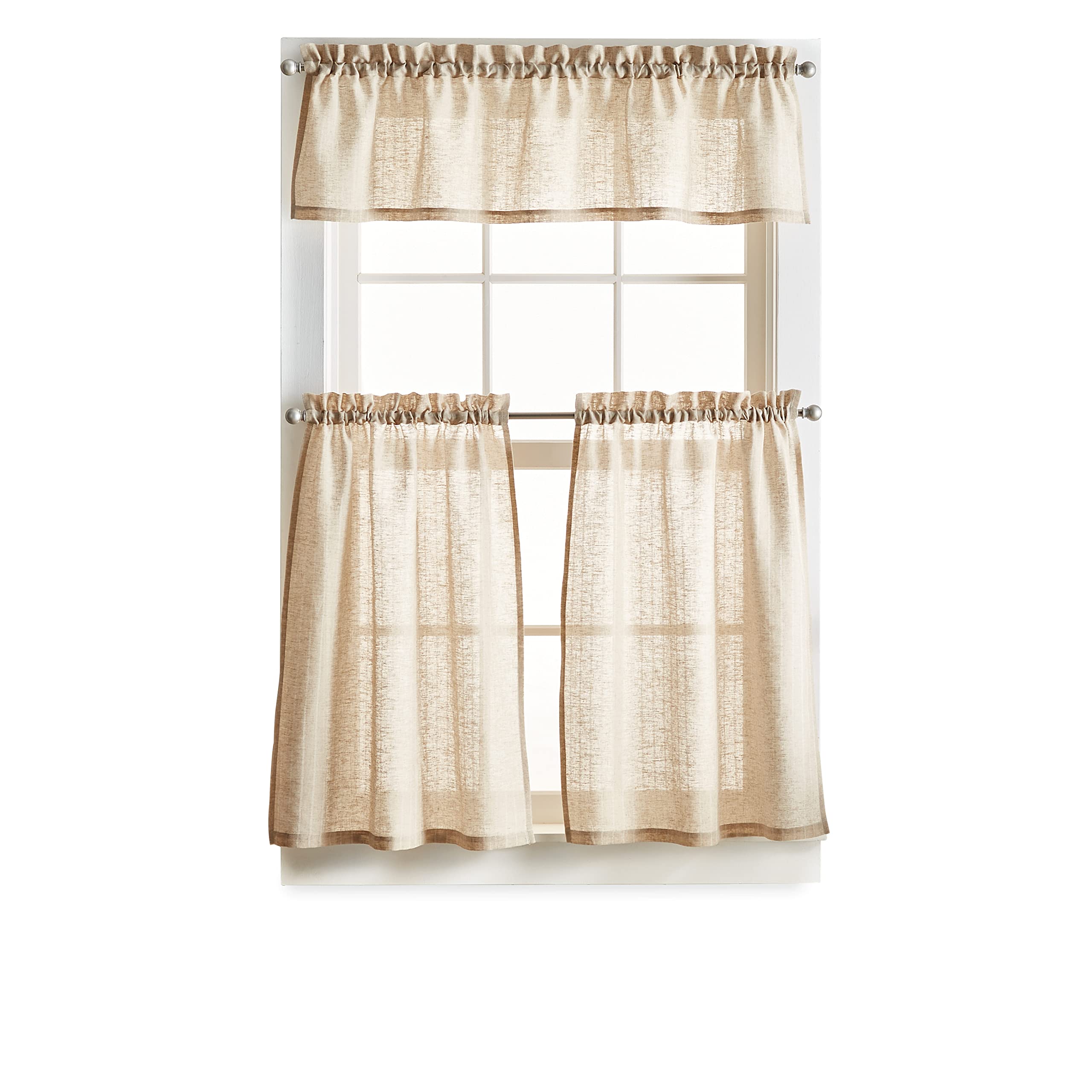 Martha Stewart Linen Stripe 3-Piece Window Curtain Valance and Tiers Set, Linen