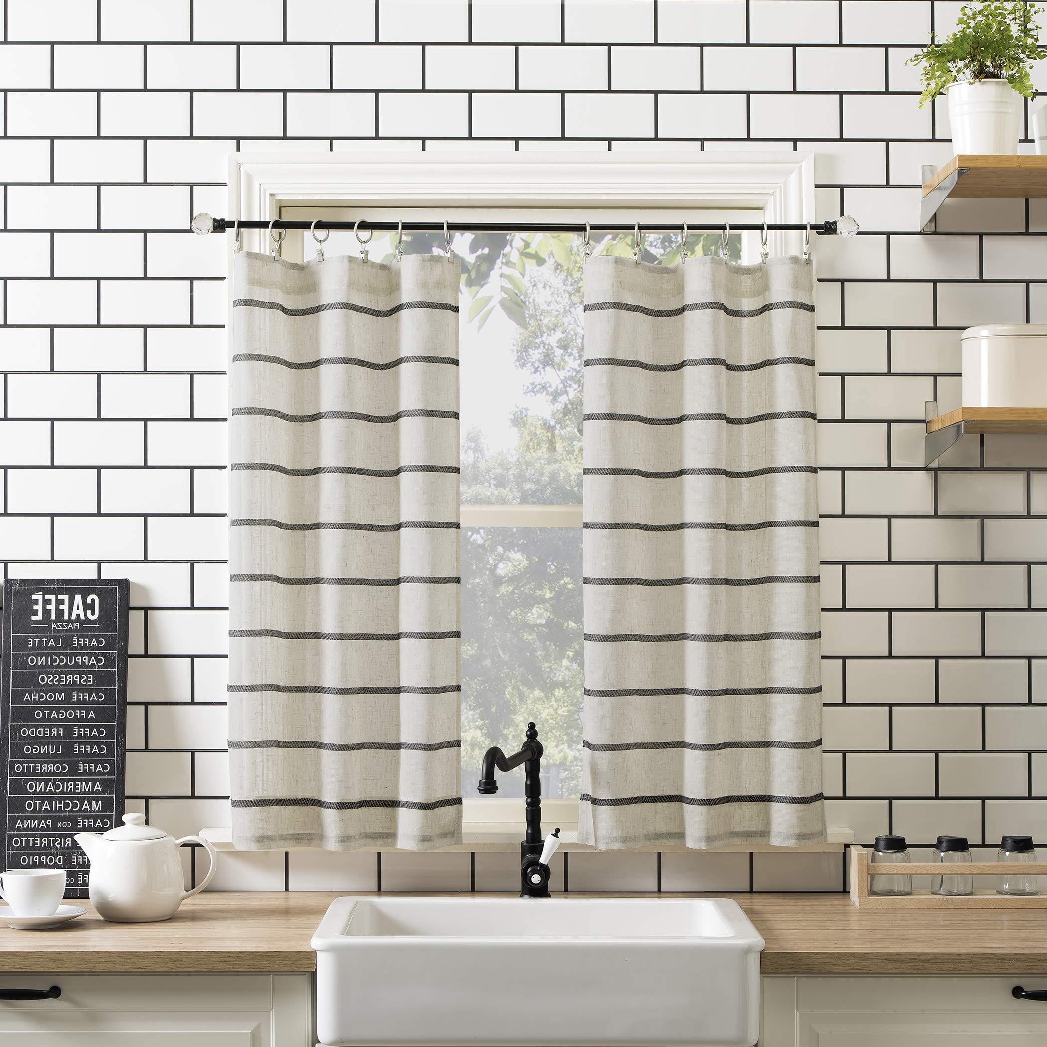 Clean Window Twill Stripe Anti-Dust Allergy/Pet Friendly Anti-Dust Sheer Cafe Curtain, 52" x 36", Black/Linen