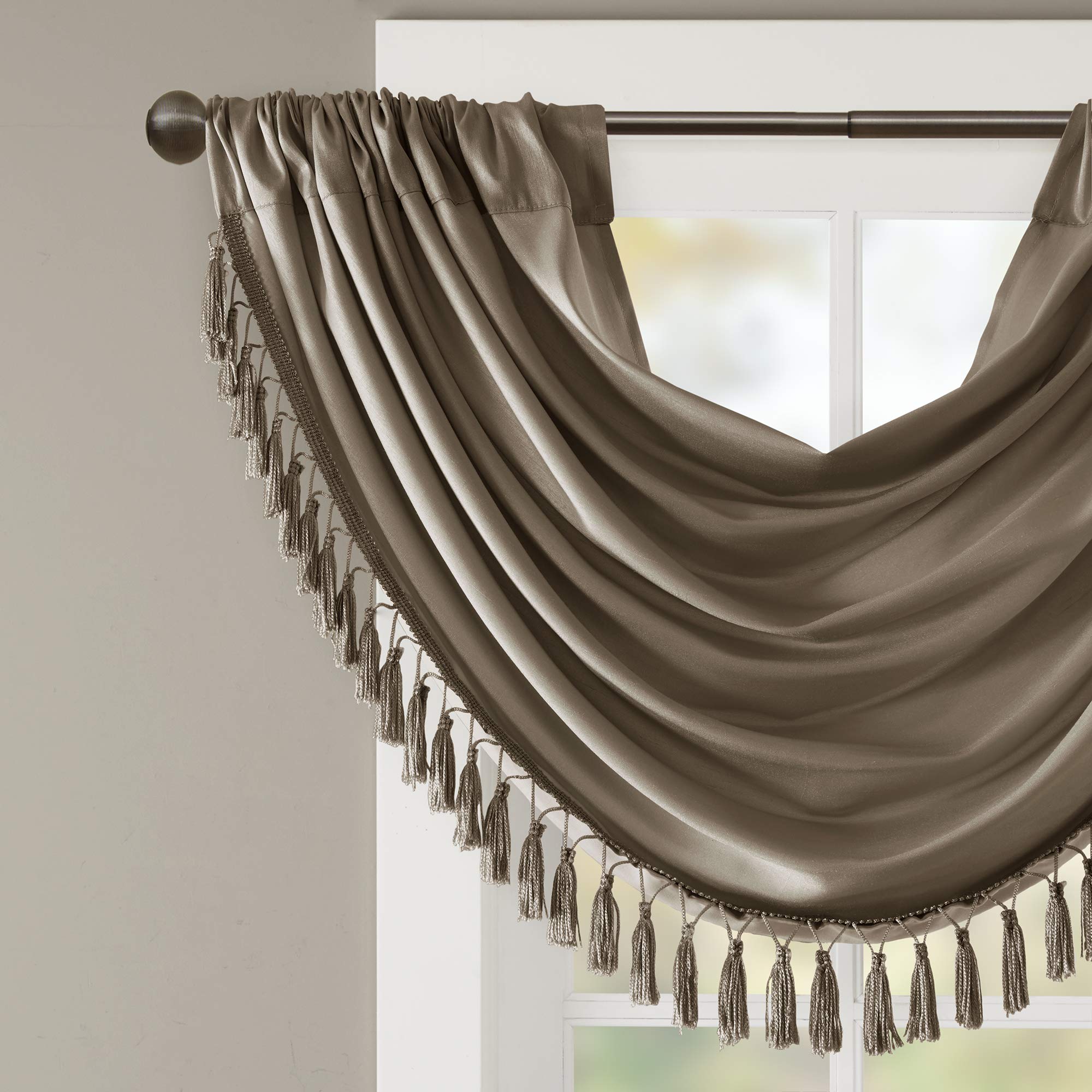 Madison Park Elena Waterfall Embellished Rod Pocket Valance , Faux Silk Valances for Window , 38X46" , Bronze