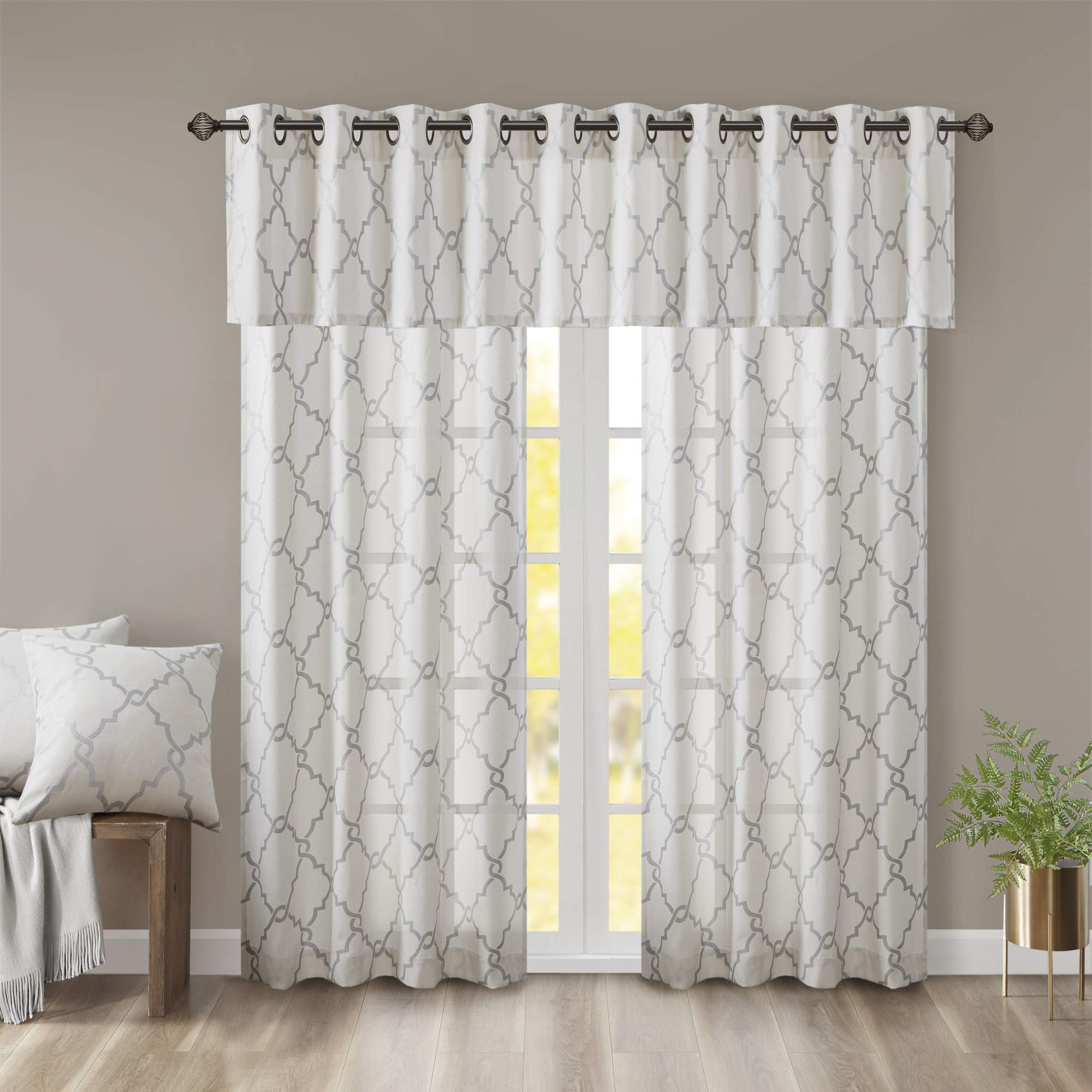 Madison Park Saratoga Light Filtering Fretwork Print Grommet Top Window Valance Swags for Living Room Bedroom and Kitchen, 50x18", Ivory/Grey