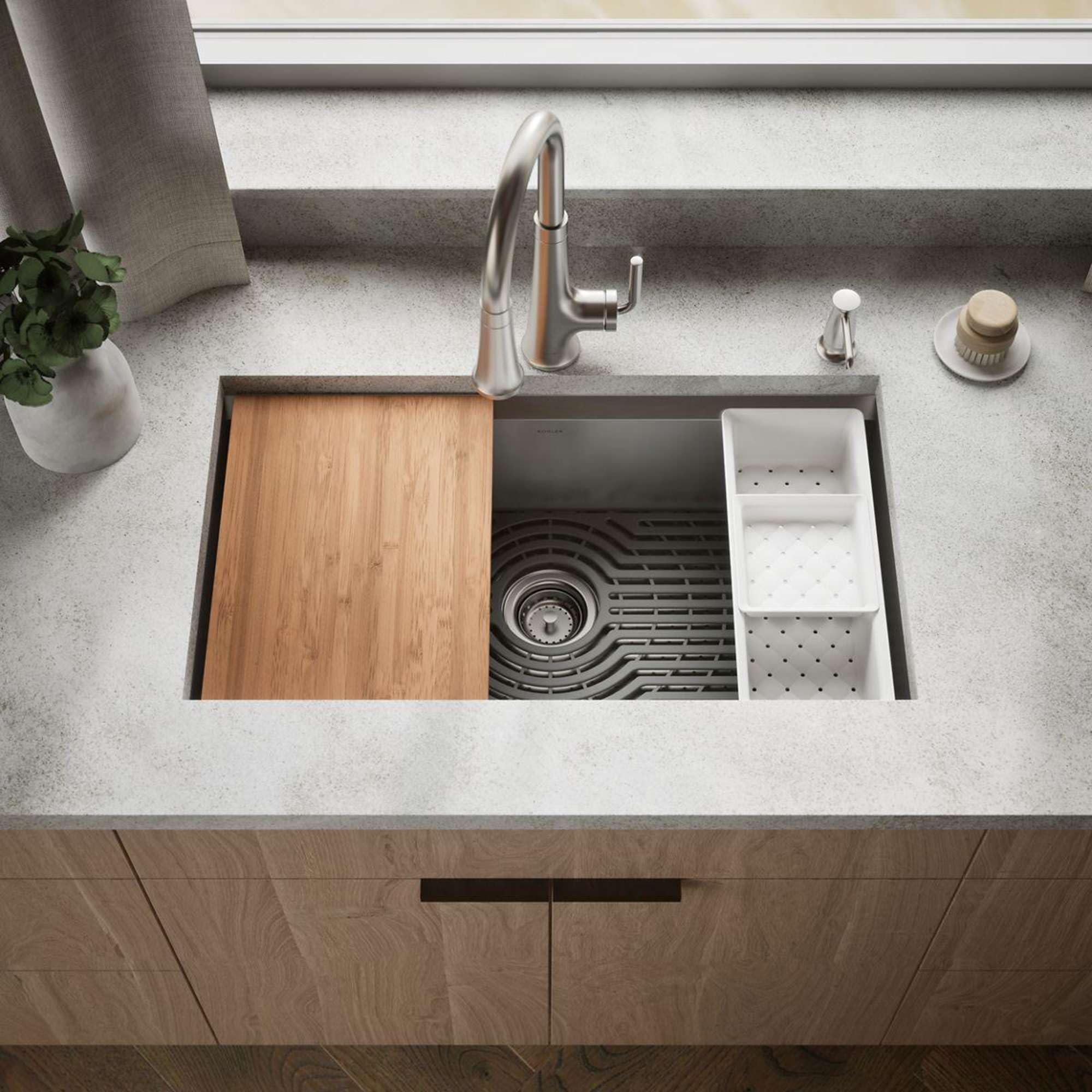 KOHLER 80084-2PC-NA Task 33" Top-/Undermount Single-Bowl Workstation Sink, Includes Kitchen Sink Accessories, Stainless Steel, 2 Faucet Holes