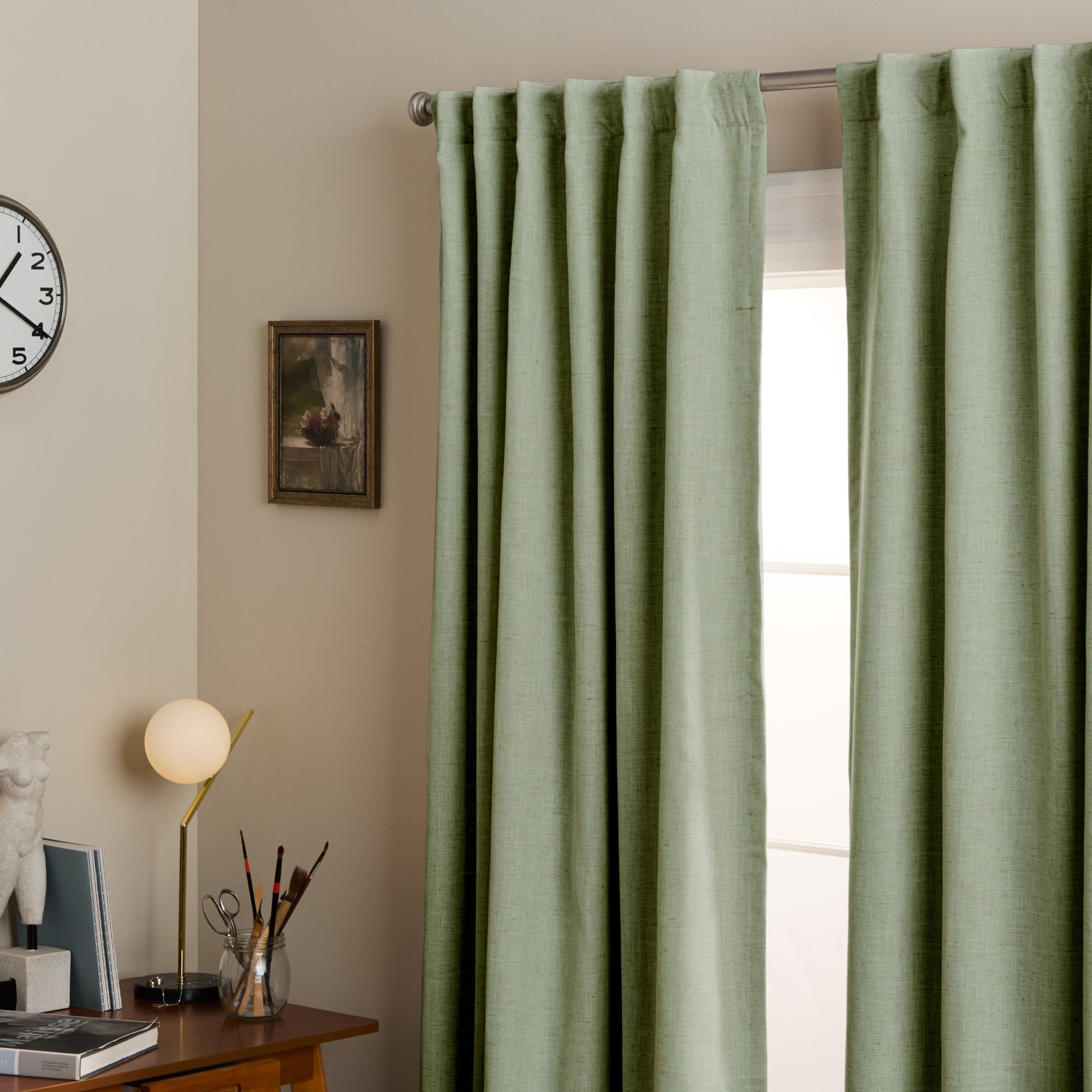 Town & Country Luxe Davos Solid Linen Texture Indoor Curtains, 100% Blackout with Energy Efficient Lining, Back Tab/Rod Pocket Top, 2-Pack Set, Sage Green, 50"x96"