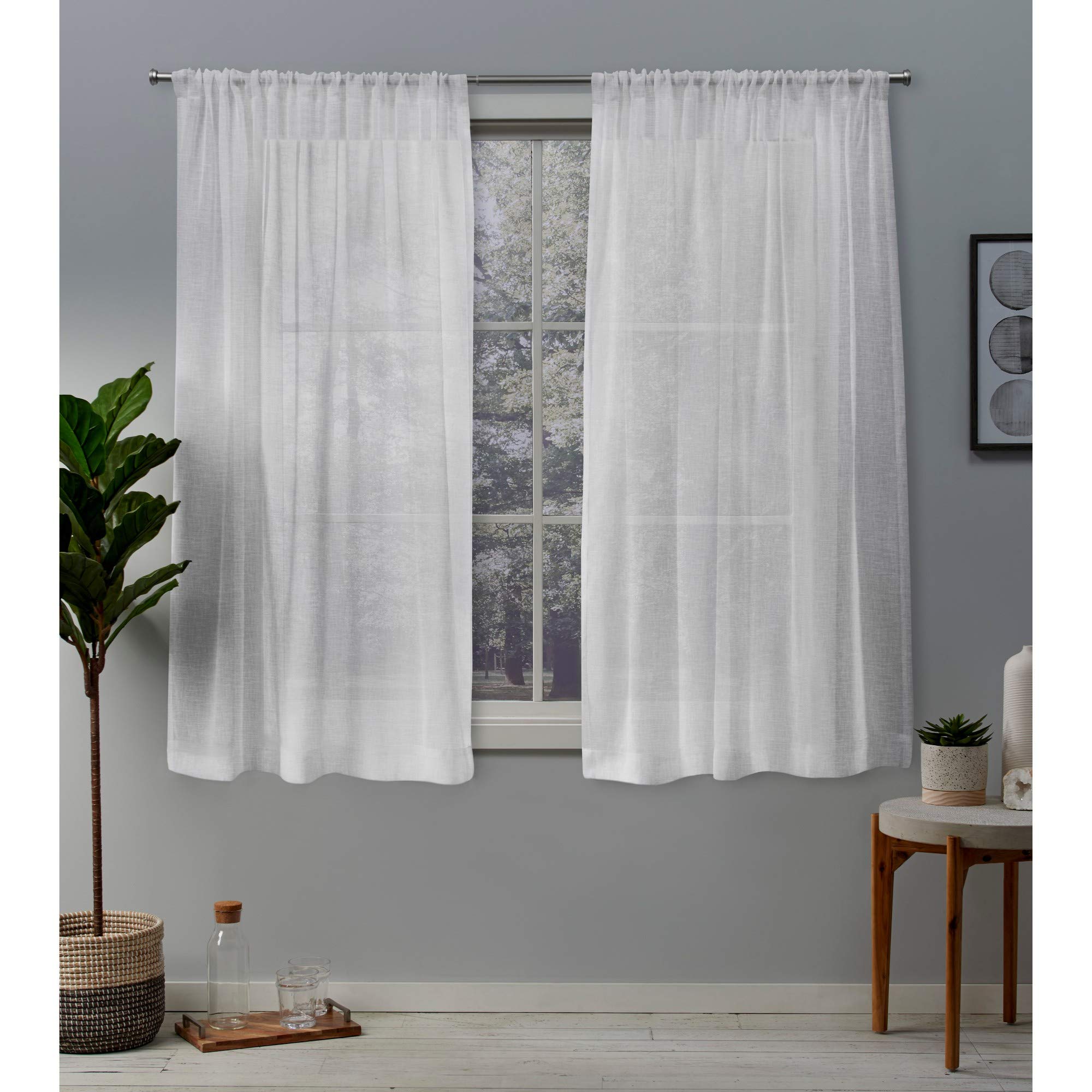 EXCLUSIVE HOME Belgian Textured Linen Look Jacquard Sheer Rod Pocket Curtain Panel Pair, 50"x63", Winter White