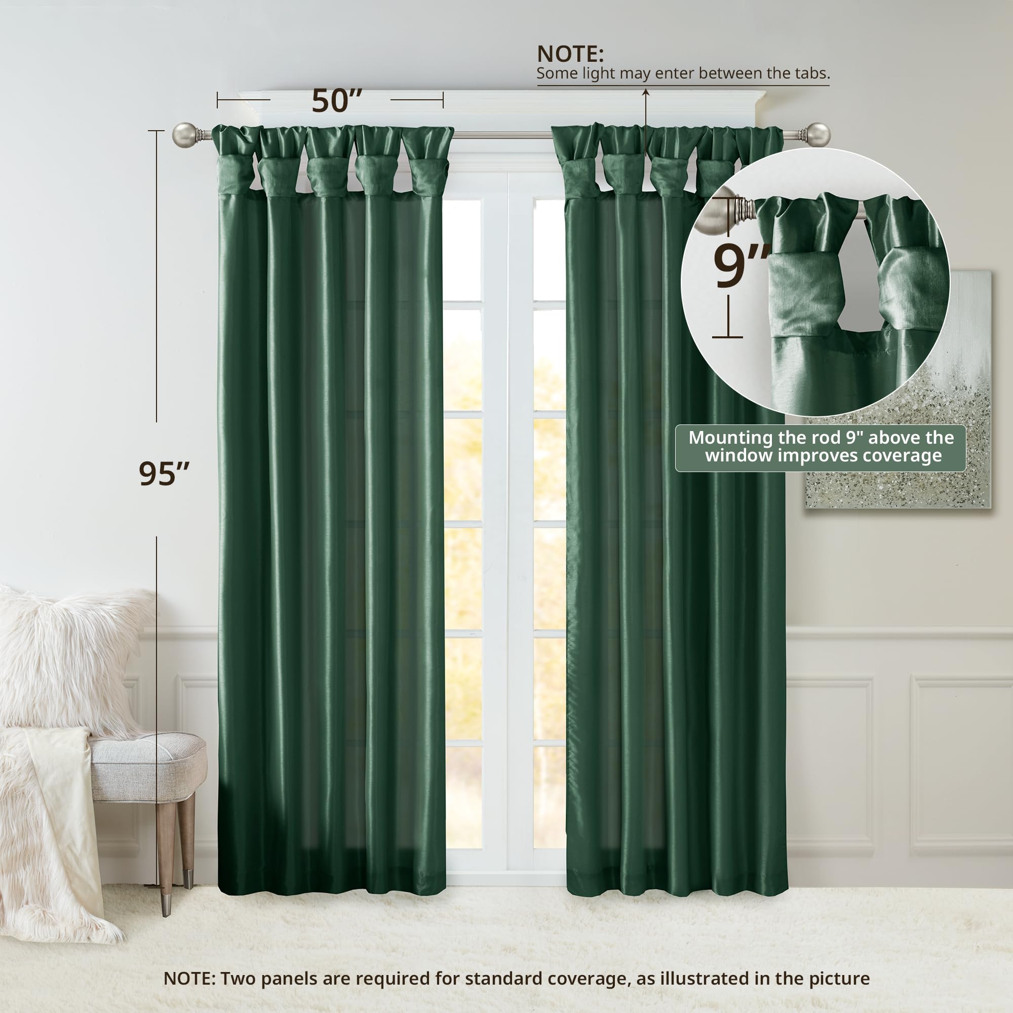 Madison Park Emilia Faux Silk Single Curtain with Privacy Lining, DIY Twist Tab Top, Window Drape for Living Room, Bedroom and Dorm, 95" L x 50" W, Green