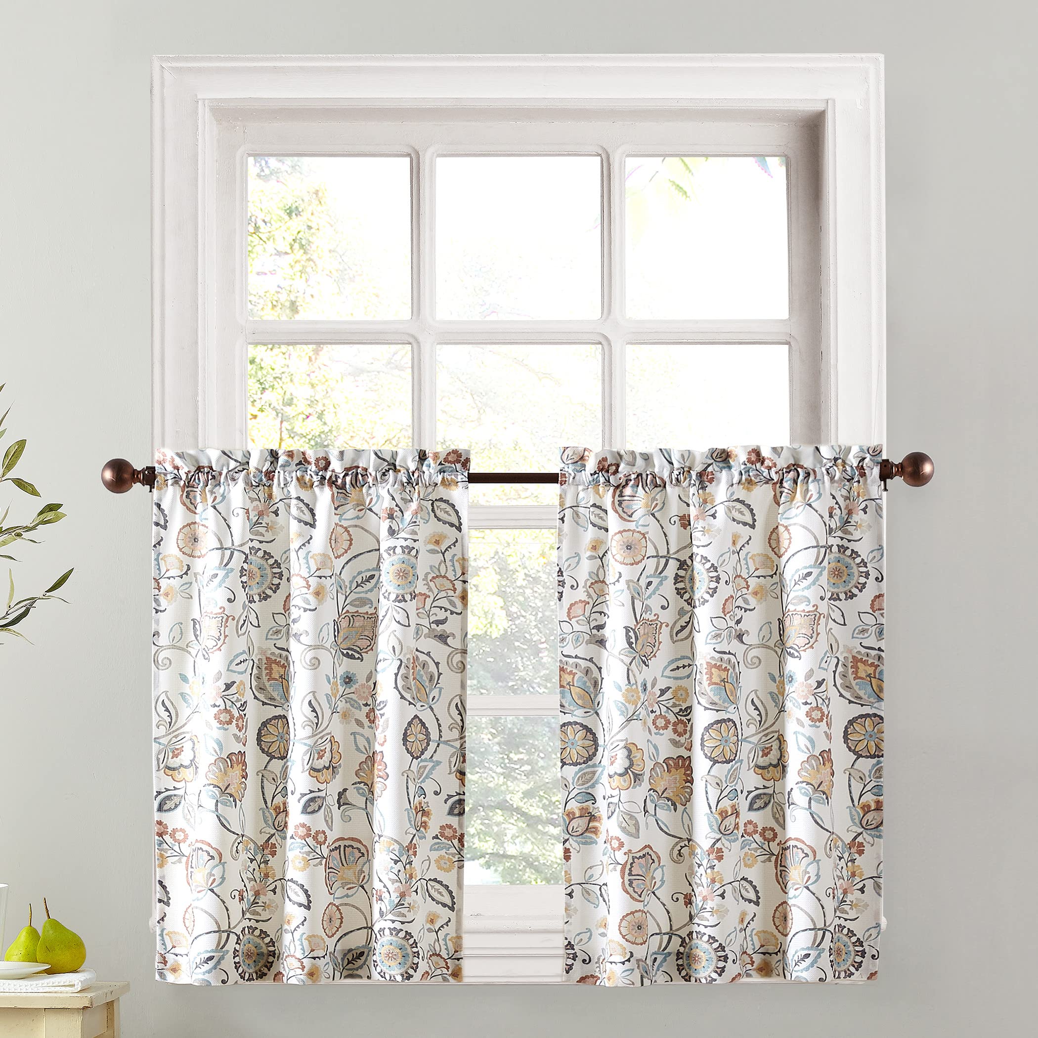 No. 918 Signy 2-Pack Jacobean Pattern Semi-Sheer Rod Pocket Kitchen Curtain Tier Pair, White, 54" W x 36" L (2 Panels)