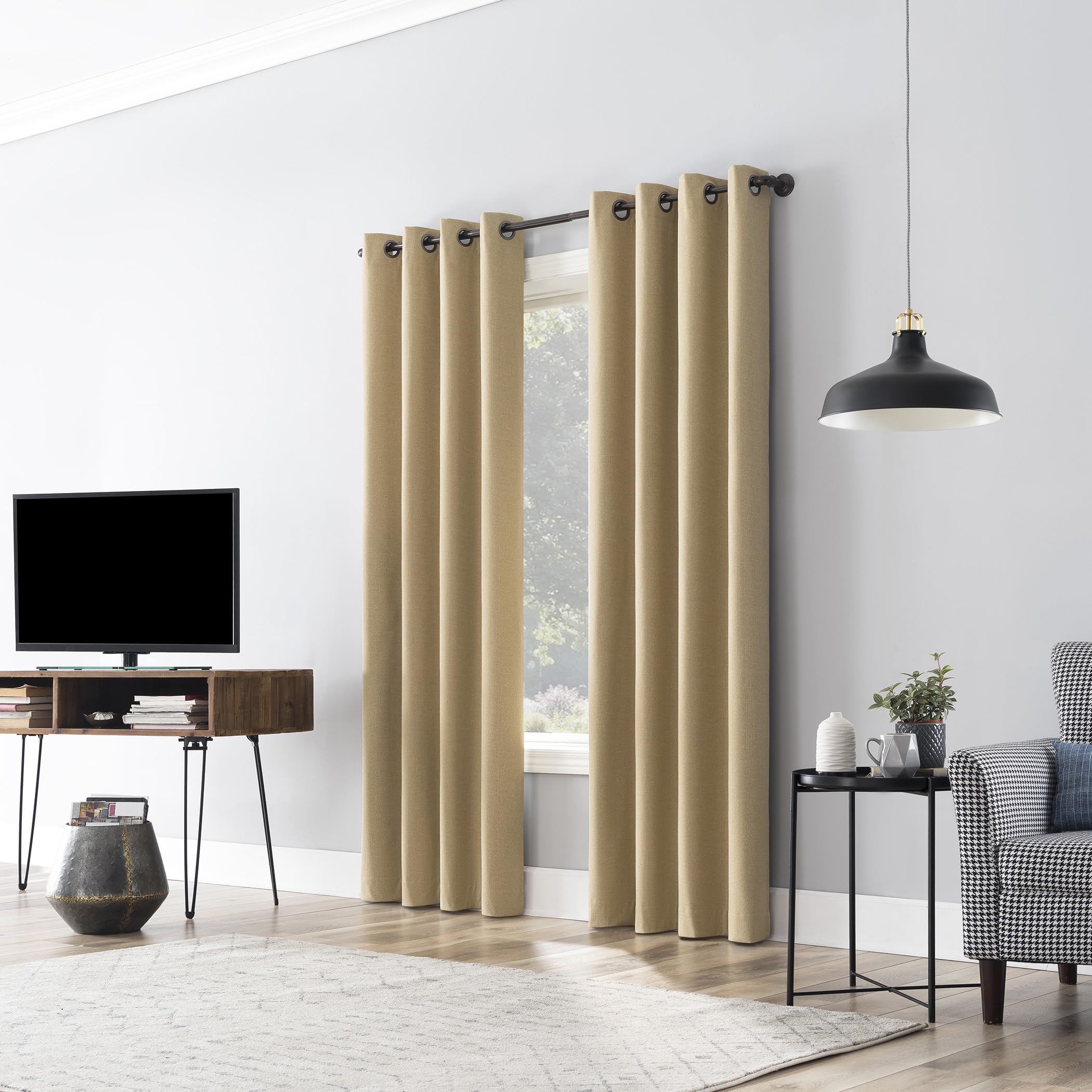 Sun Zero Channing Grid Texture Draft Shield Fleece Insulated Total Blackout Grommet Curtain Panel, 50" x 84", Soft Gold