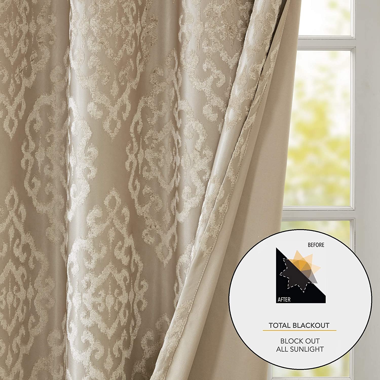 Sun Smart Amelia Jacquard Paisley Total Blackout Curtain for Bedroom, Luxury Single Window Panel Living Room Family-Room Kitchen, Grommet Top, 1-Panel Pack, 50"x95", Champagne