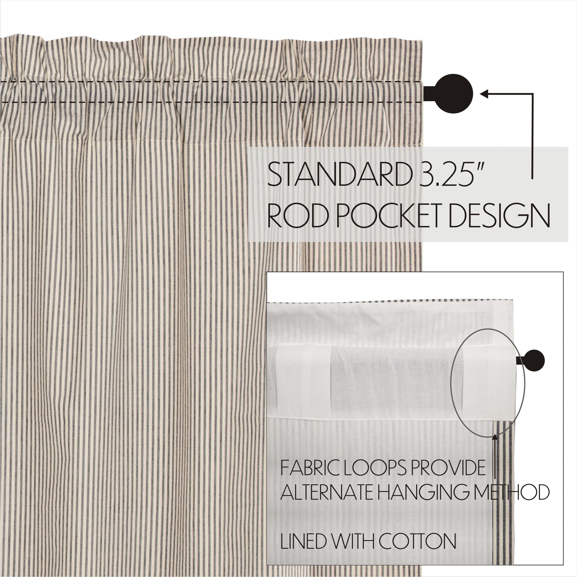 VHC Brands Hatteras Seersucker Ticking Striped Cotton Americana Curtains Rod Pocket Drawstring Ties Prairie Panel Pair, 84x36x18, Denim Blue