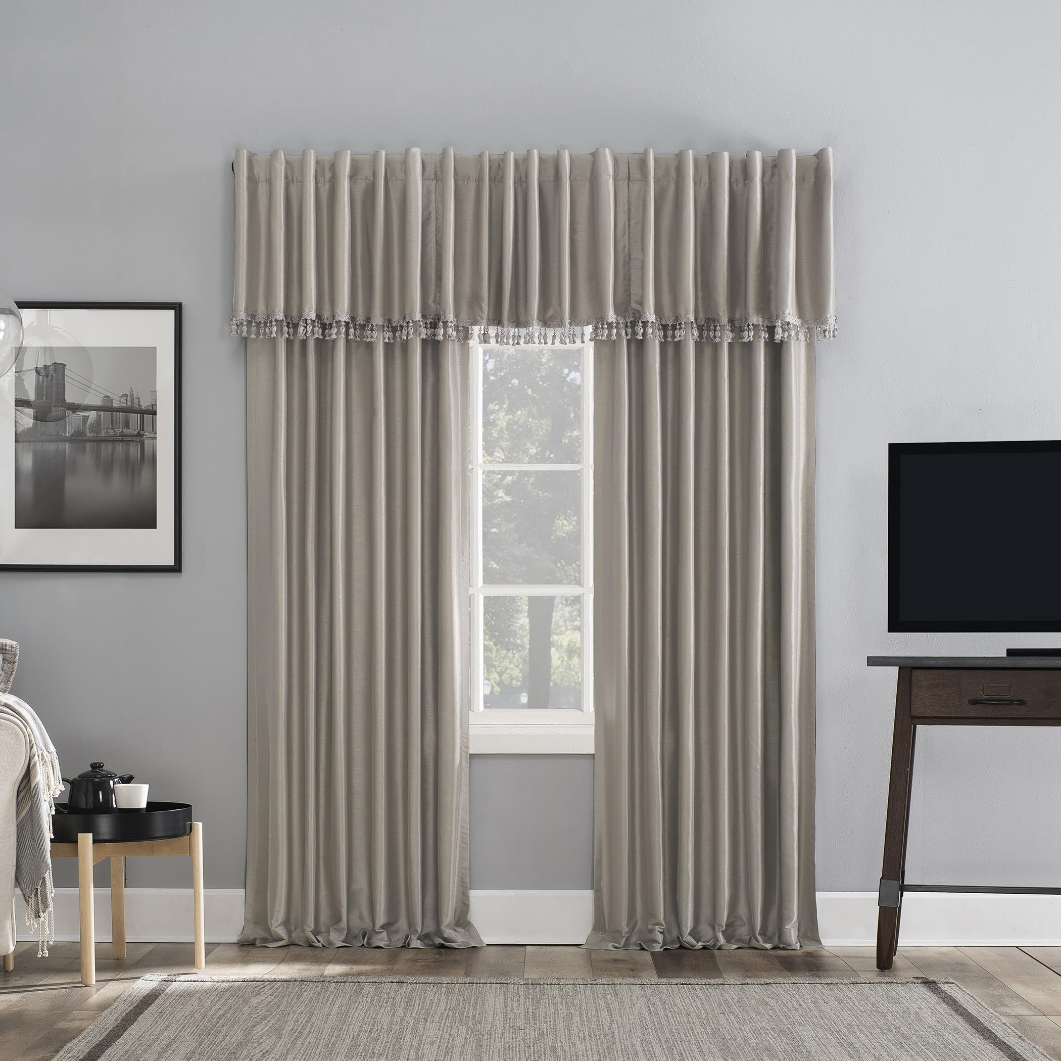 Sun Zero Greyson Faux Dupioni Silk Thermal Extreme Total Blackout Back Tab Curtain Panel, 50" x 63", Stone Beige